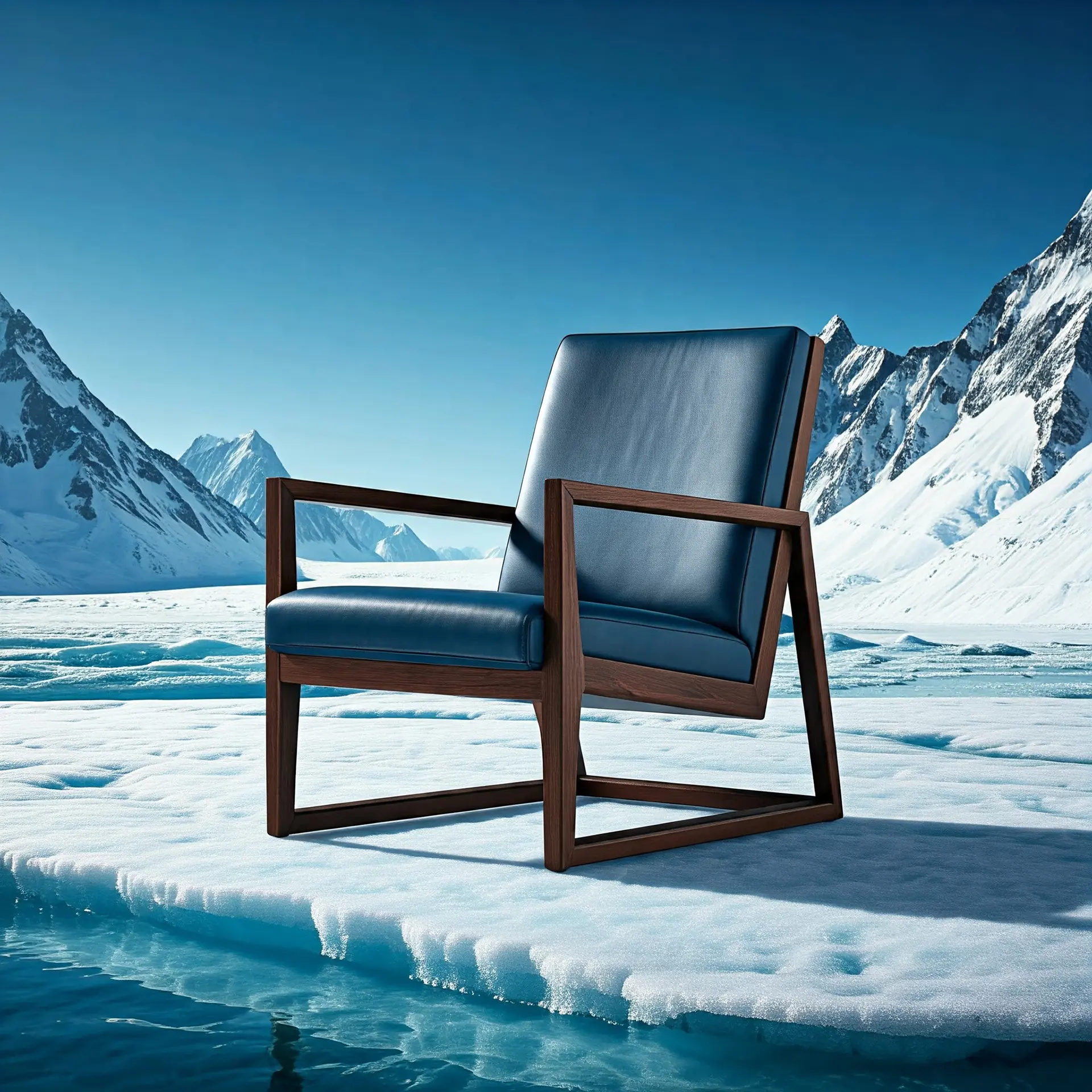 Elegant blue leather armchair with wooden frame placed on floating ice in an arctic landscape.