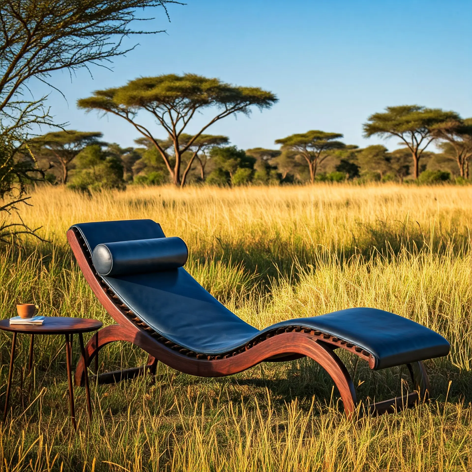 Contemporary chaise longue with a black leather cushion set in a golden savanna landscape.