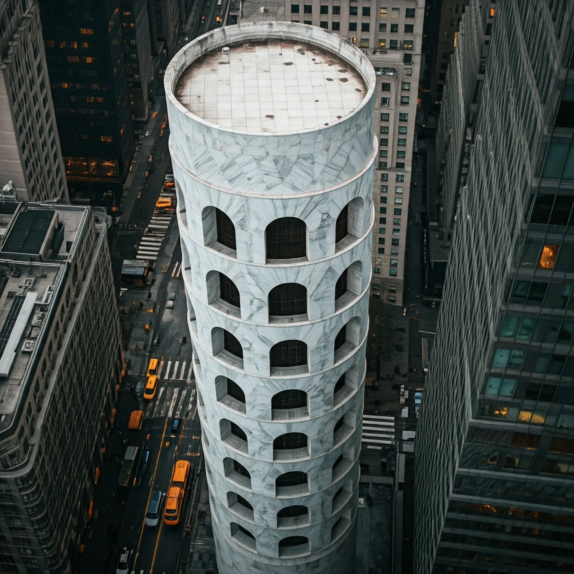 Rebirth of the classical option 2 - White cylindrical tower with a pattern of deep arches, placed between tall Manhattan buildings in a dramatic cityscape.