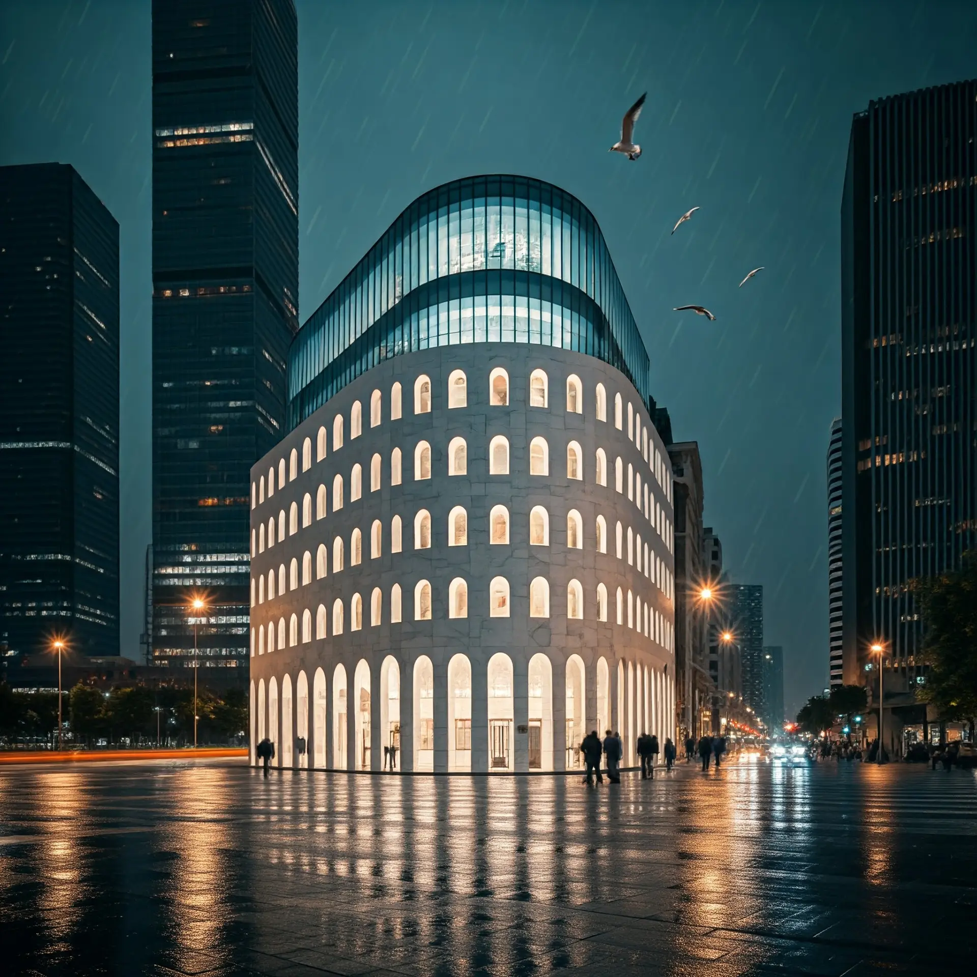 Rendering for the public library in Frankfurt - A contemporary building with a curved facade and curved glass rooftop and symmetrical arch windows, lit at night in a modern urban setting.