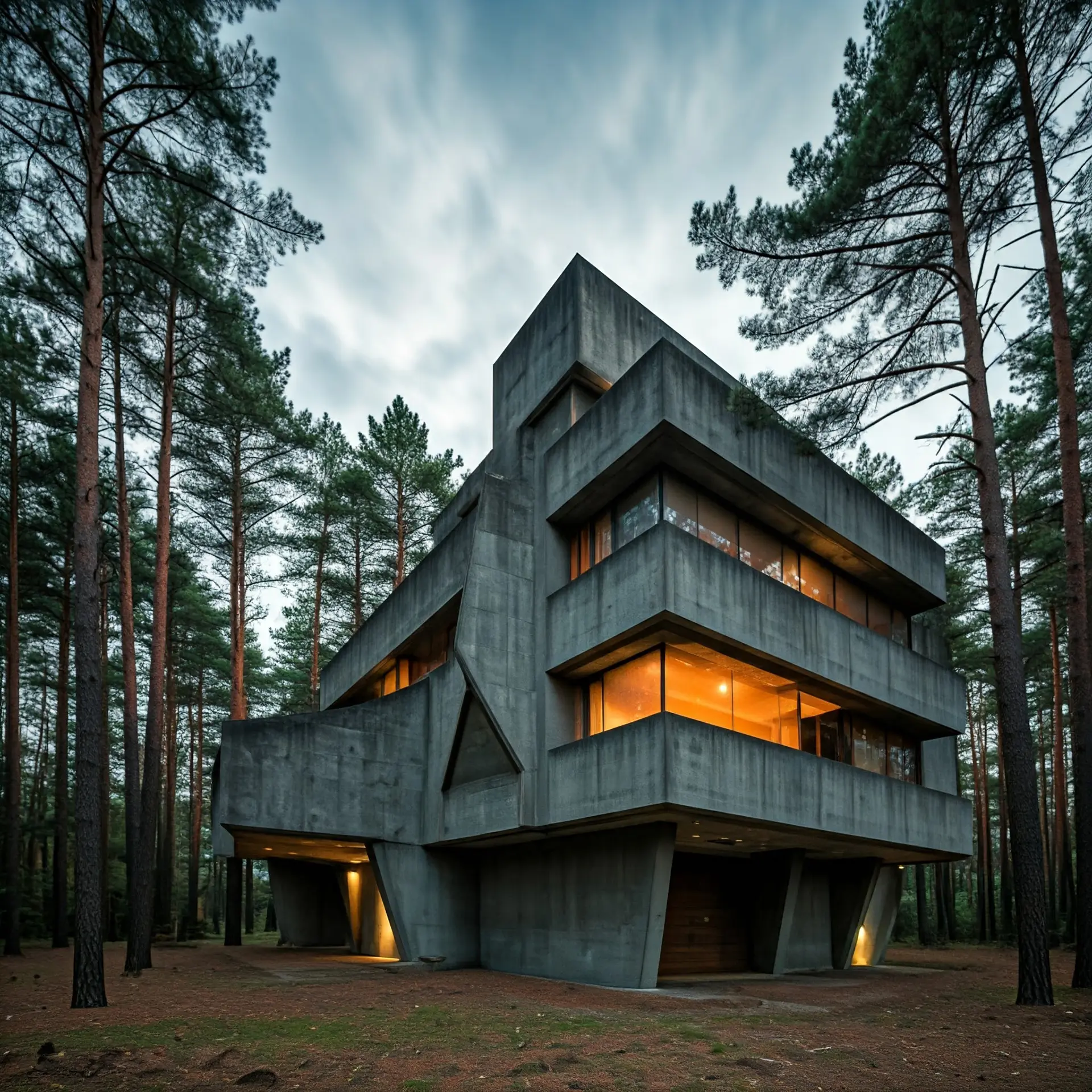 Rendering for the New Headquarters of the Forestry Corps in Antey, Aosta Valley (Italy) option 2 - Brutalist-style multi-level building with sharp angles and warm interior lighting, surrounded by dense forest.