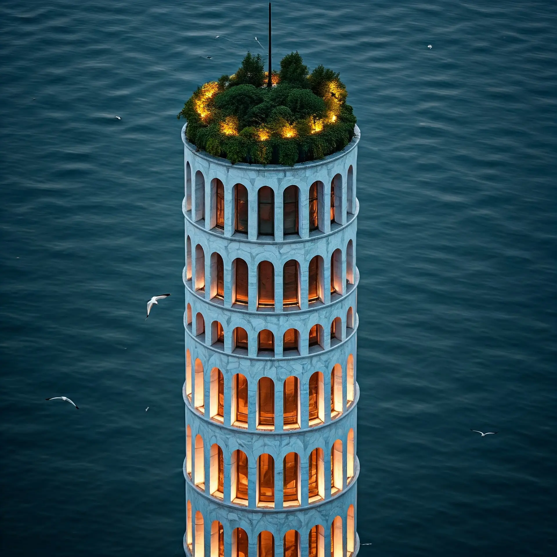 Rebirth of the classical option 1- Tall cylindrical tower with symmetrical arched openings, emerging from the sea and topped with a rooftop garden surrounded by water.