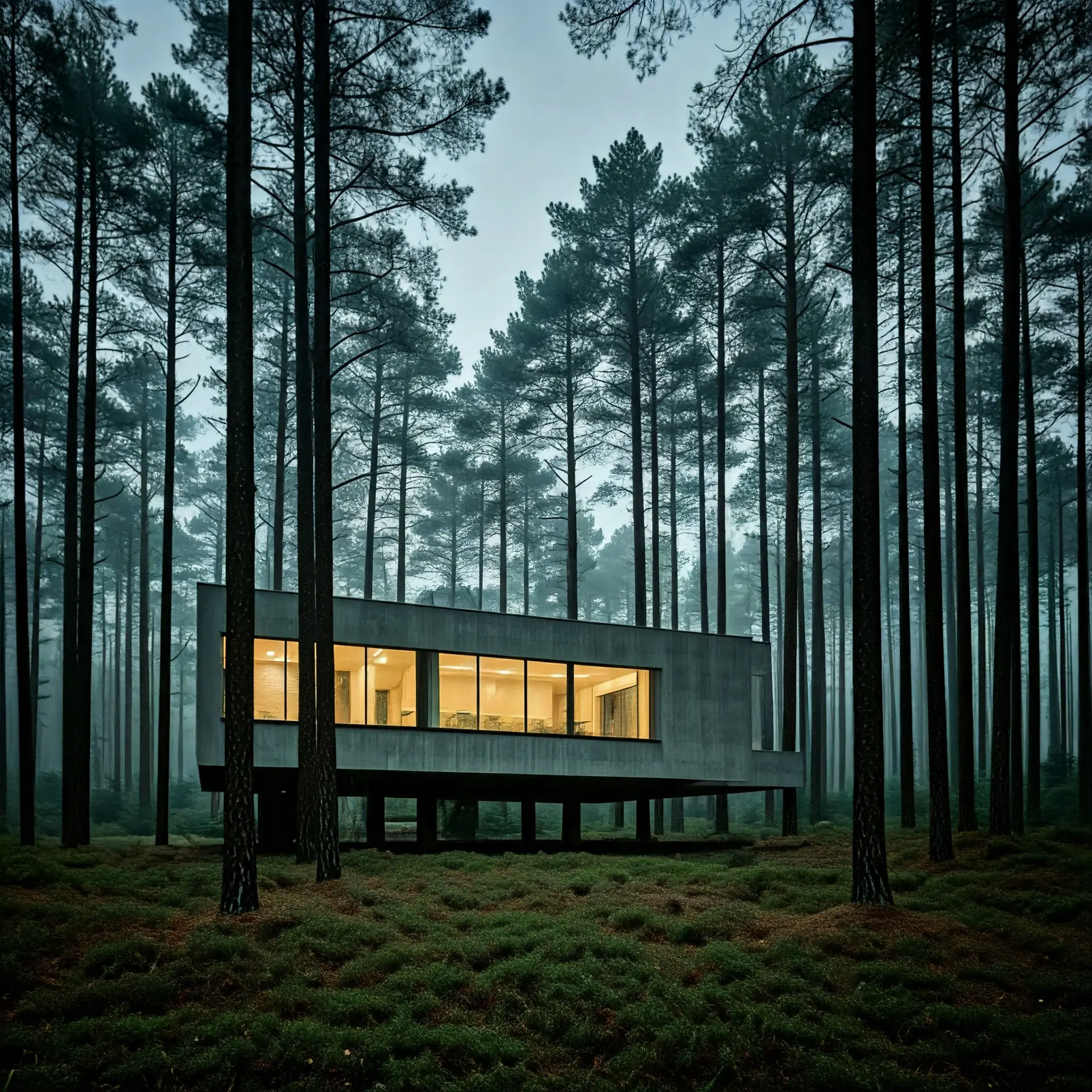 Rendering for the New Headquarters of the Forestry Corps in Antey, Aosta Valley (Italy) option 1- A minimalist elevated cabin with large illuminated windows, nestled among tall pine trees in a misty forest.