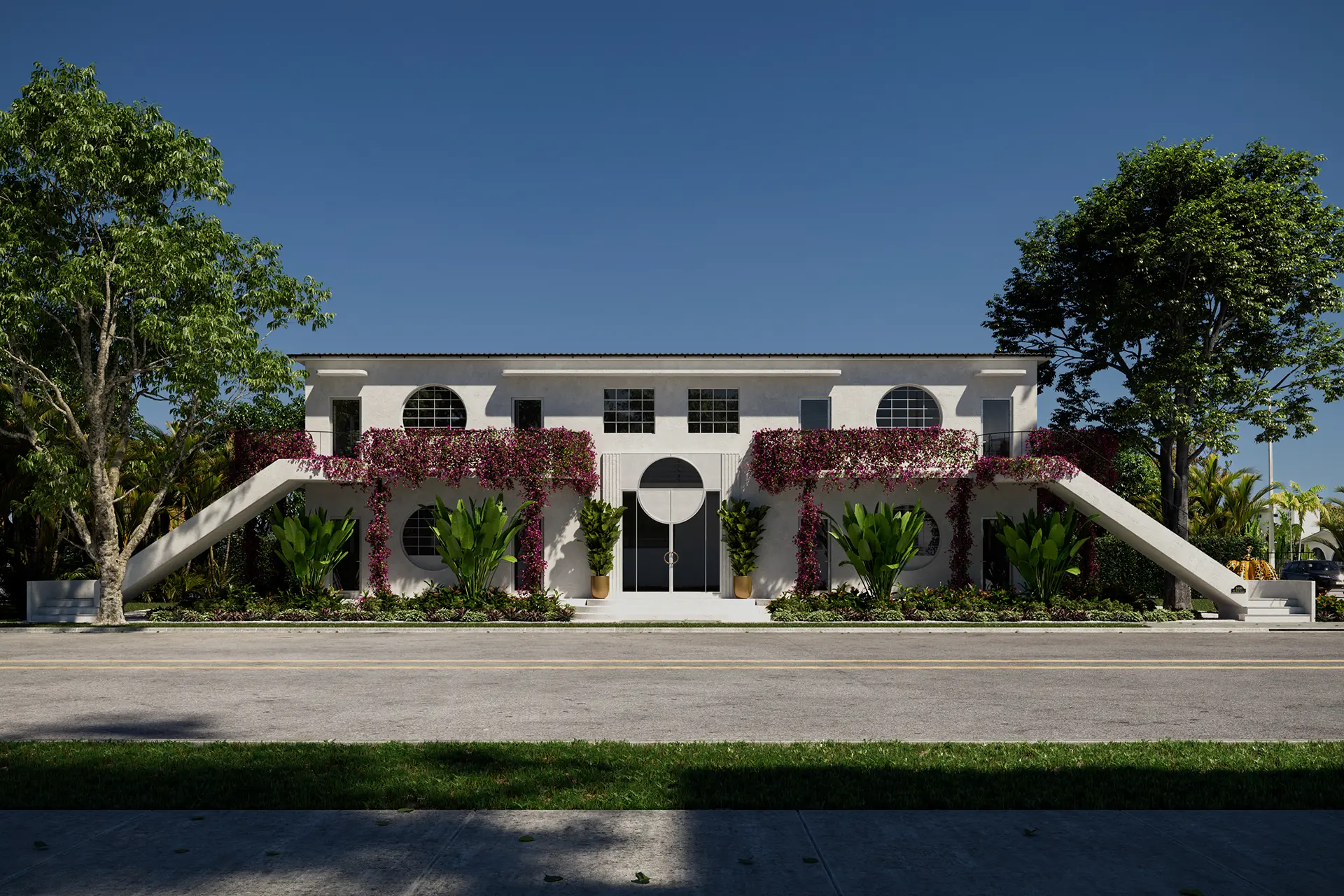 Rendering for the public library in Frankfurt - A contemporary building with a curved facade and curved glass rooftop and symmetrical arch windows, lit at night in a modern urban setting.