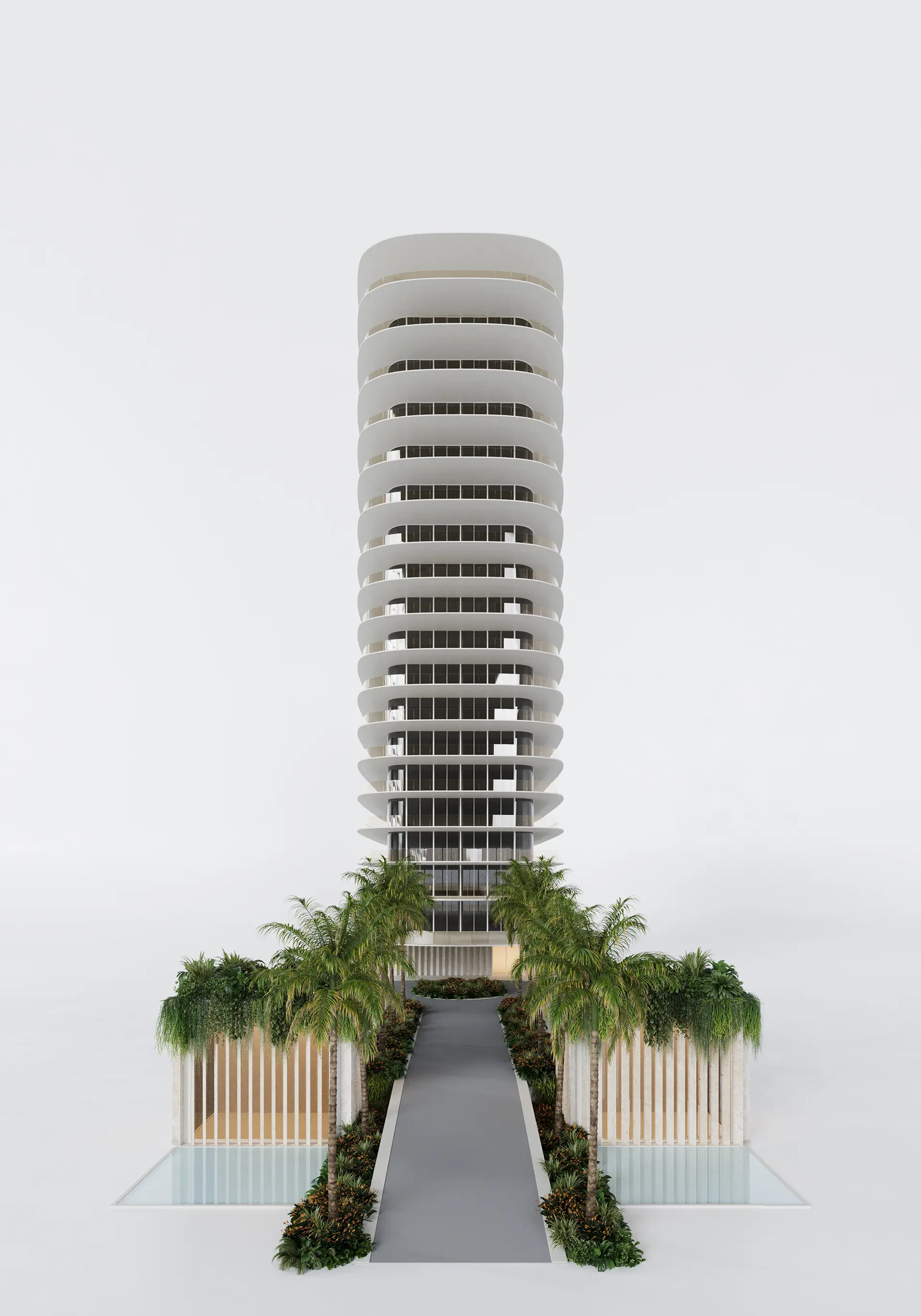 Rendering for the public library in Frankfurt - A contemporary building with a curved facade and curved glass rooftop and symmetrical arch windows, lit at night in a modern urban setting.