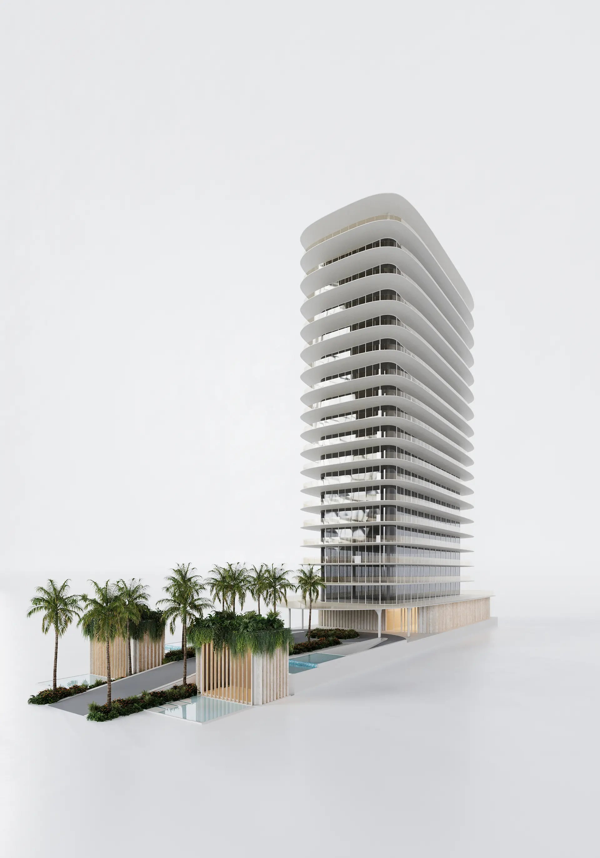 Rendering for the public library in Frankfurt - A contemporary building with a curved facade and curved glass rooftop and symmetrical arch windows, lit at night in a modern urban setting.