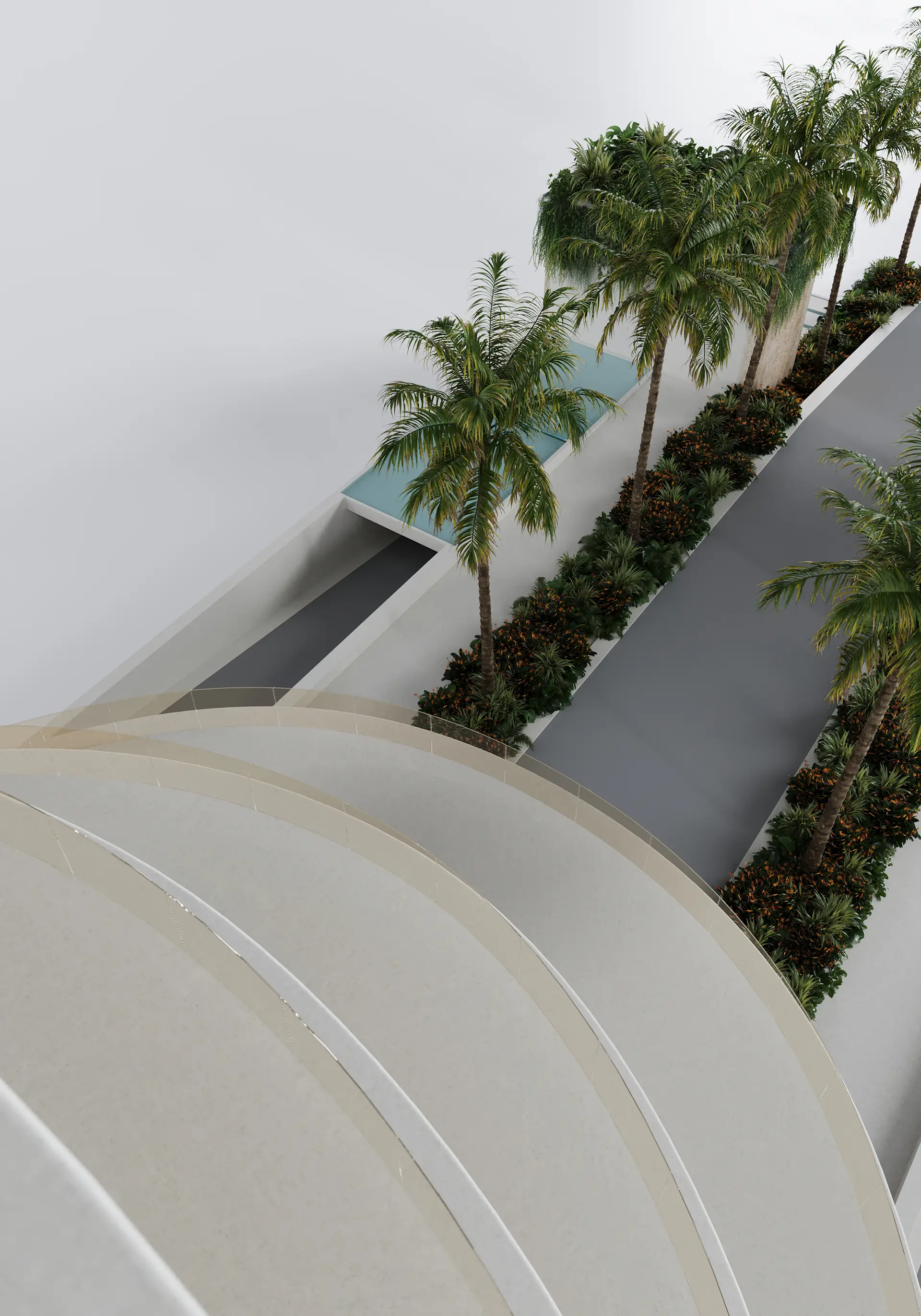 Rendering for the public library in Frankfurt - A contemporary building with a curved facade and curved glass rooftop and symmetrical arch windows, lit at night in a modern urban setting.