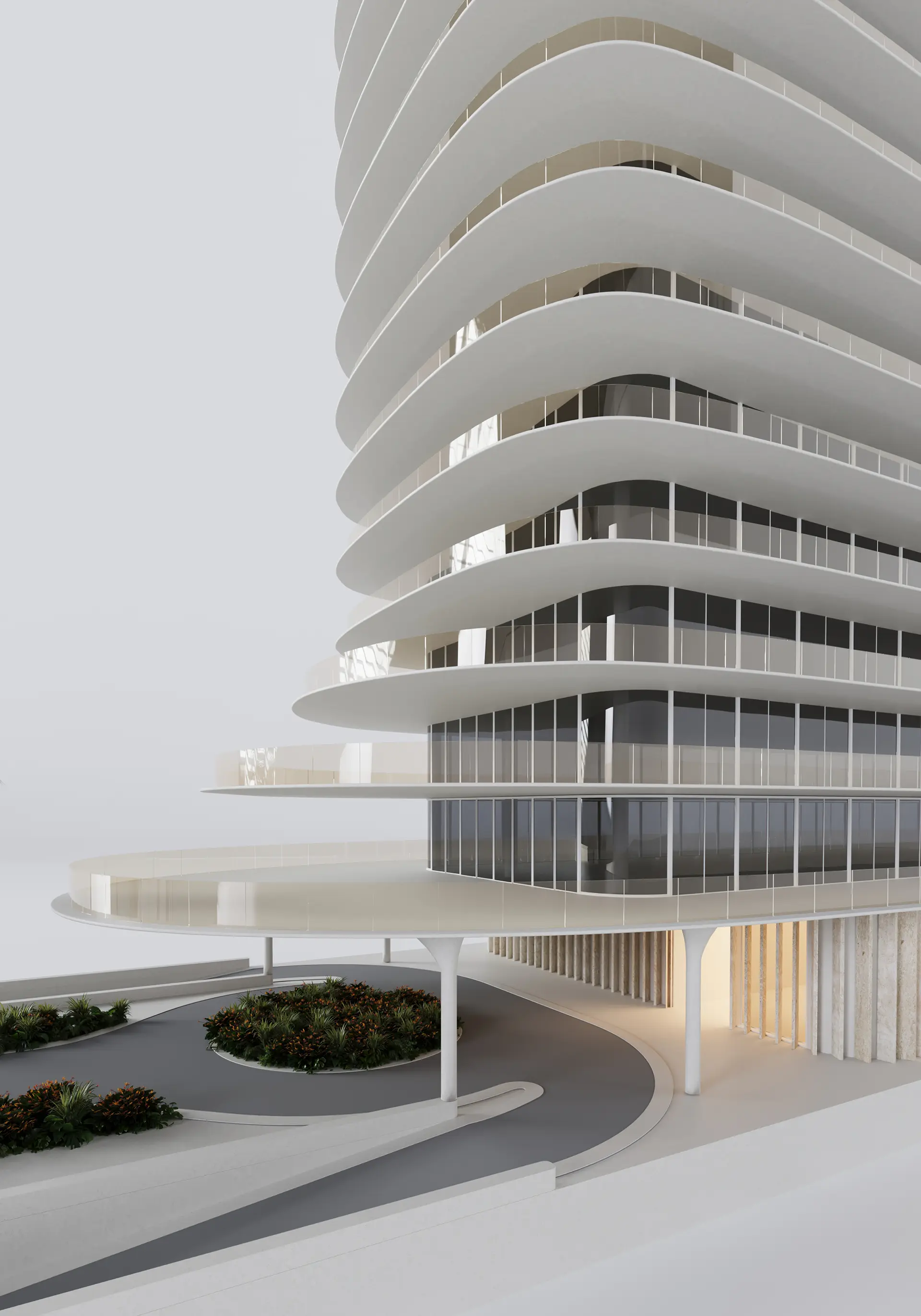Rendering for the public library in Frankfurt - A contemporary building with a curved facade and curved glass rooftop and symmetrical arch windows, lit at night in a modern urban setting.