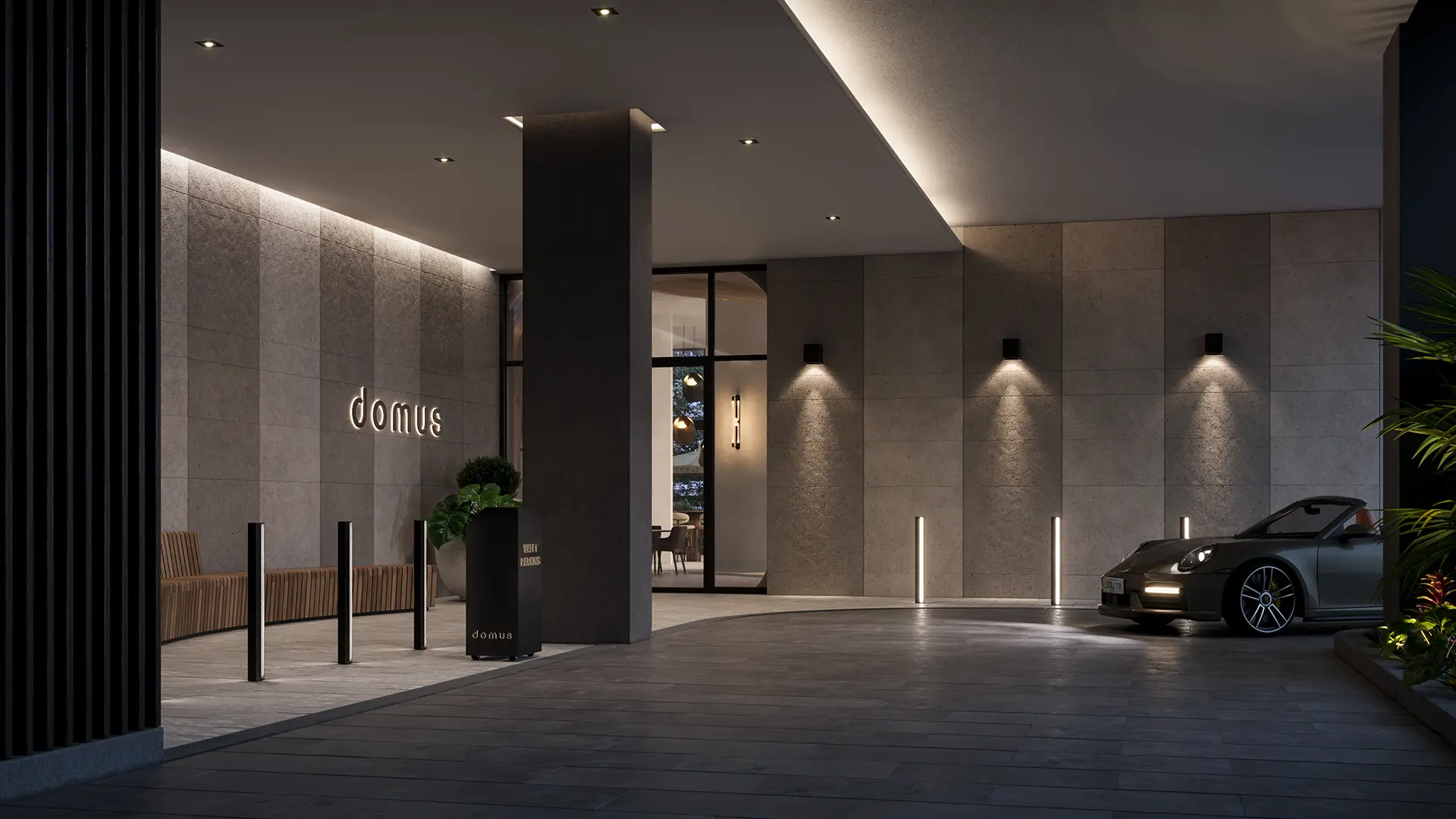Rendering for the public library in Frankfurt - A contemporary building with a curved facade and curved glass rooftop and symmetrical arch windows, lit at night in a modern urban setting.