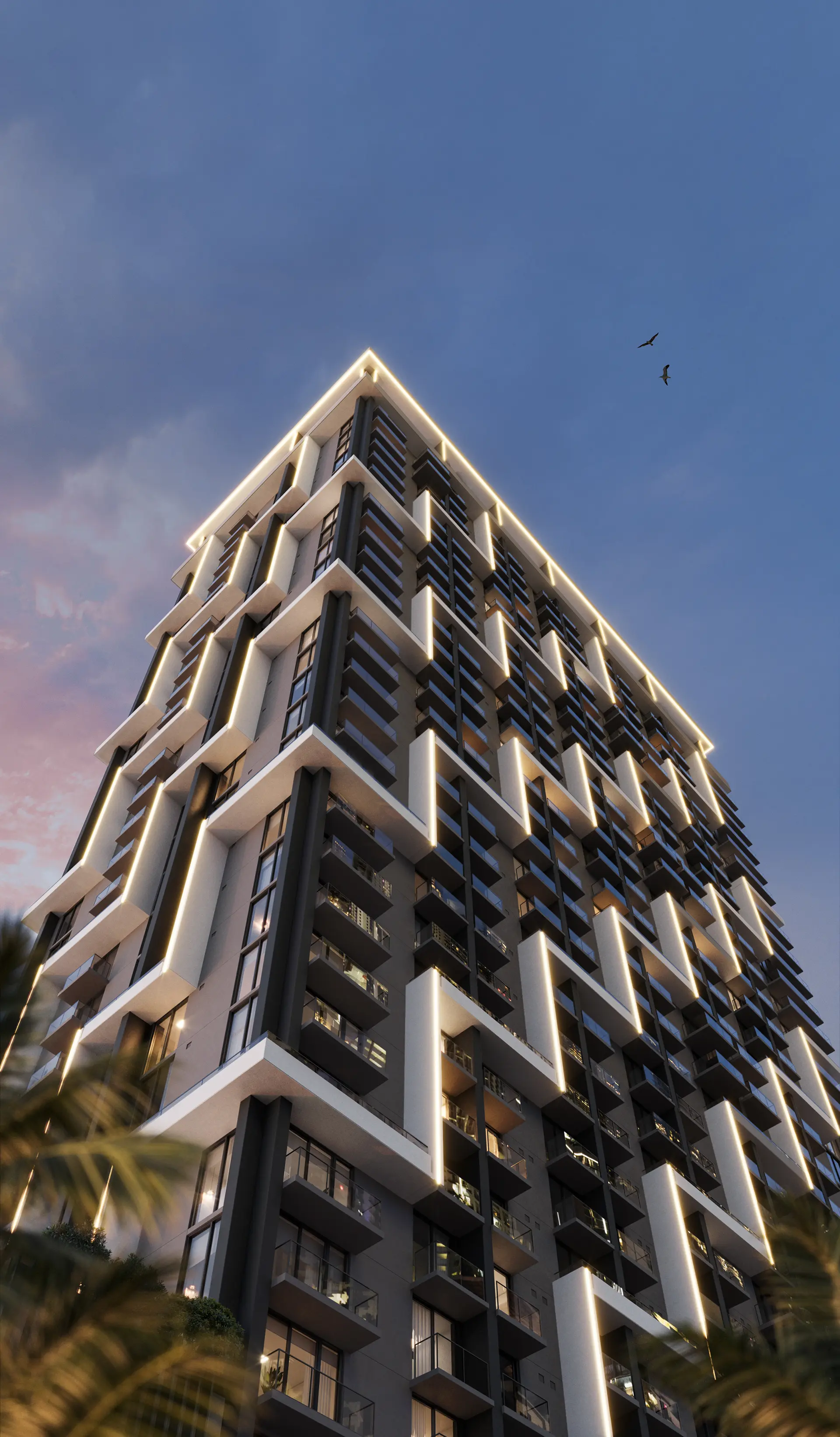 Rendering for the public library in Frankfurt - A contemporary building with a curved facade and curved glass rooftop and symmetrical arch windows, lit at night in a modern urban setting.