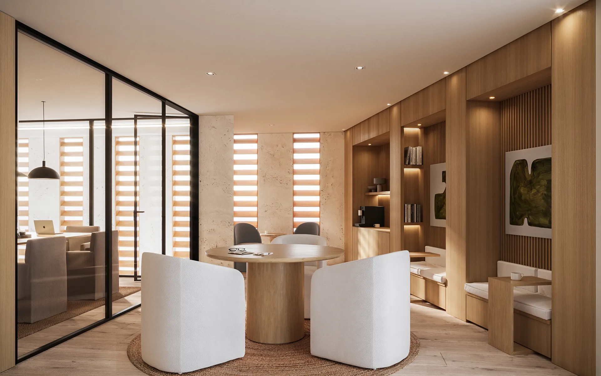 Rendering for the public library in Frankfurt - A contemporary building with a curved facade and curved glass rooftop and symmetrical arch windows, lit at night in a modern urban setting.