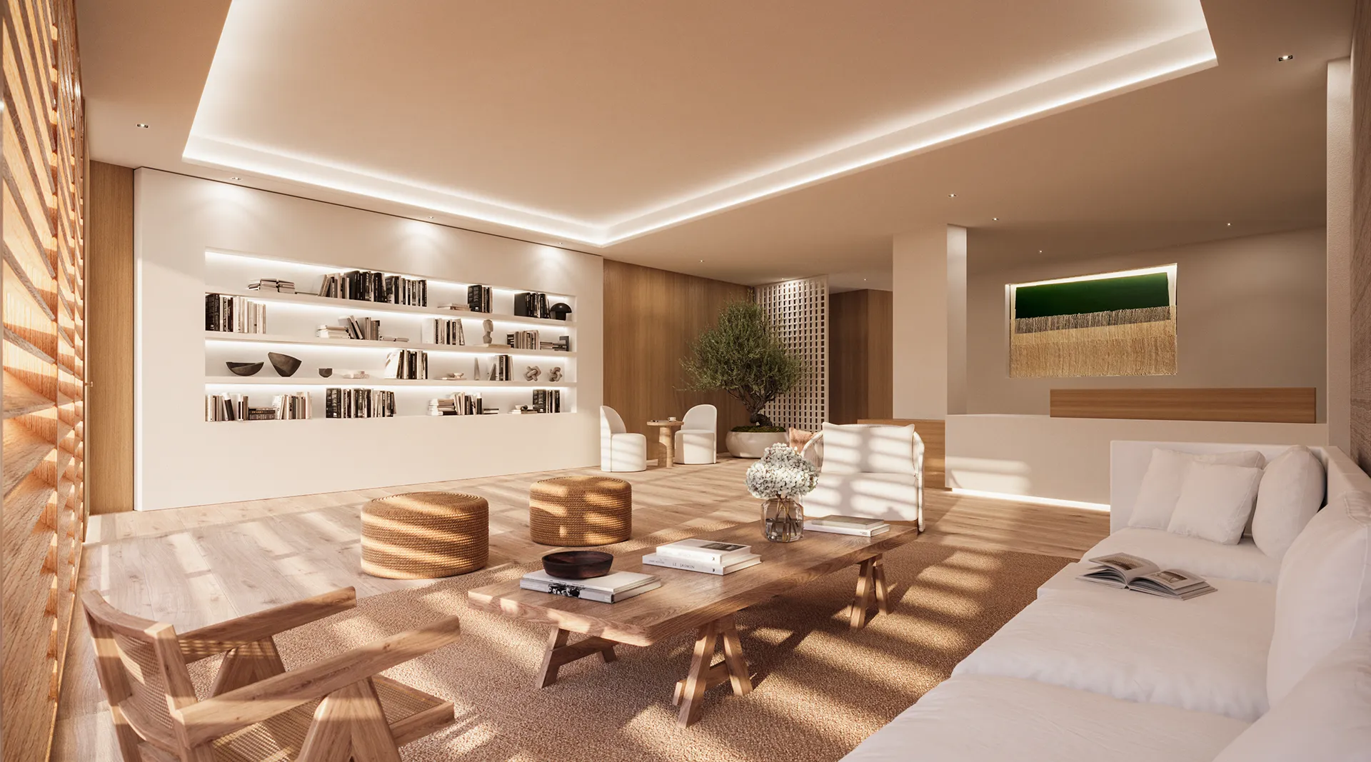 Rendering for the public library in Frankfurt - A contemporary building with a curved facade and curved glass rooftop and symmetrical arch windows, lit at night in a modern urban setting.