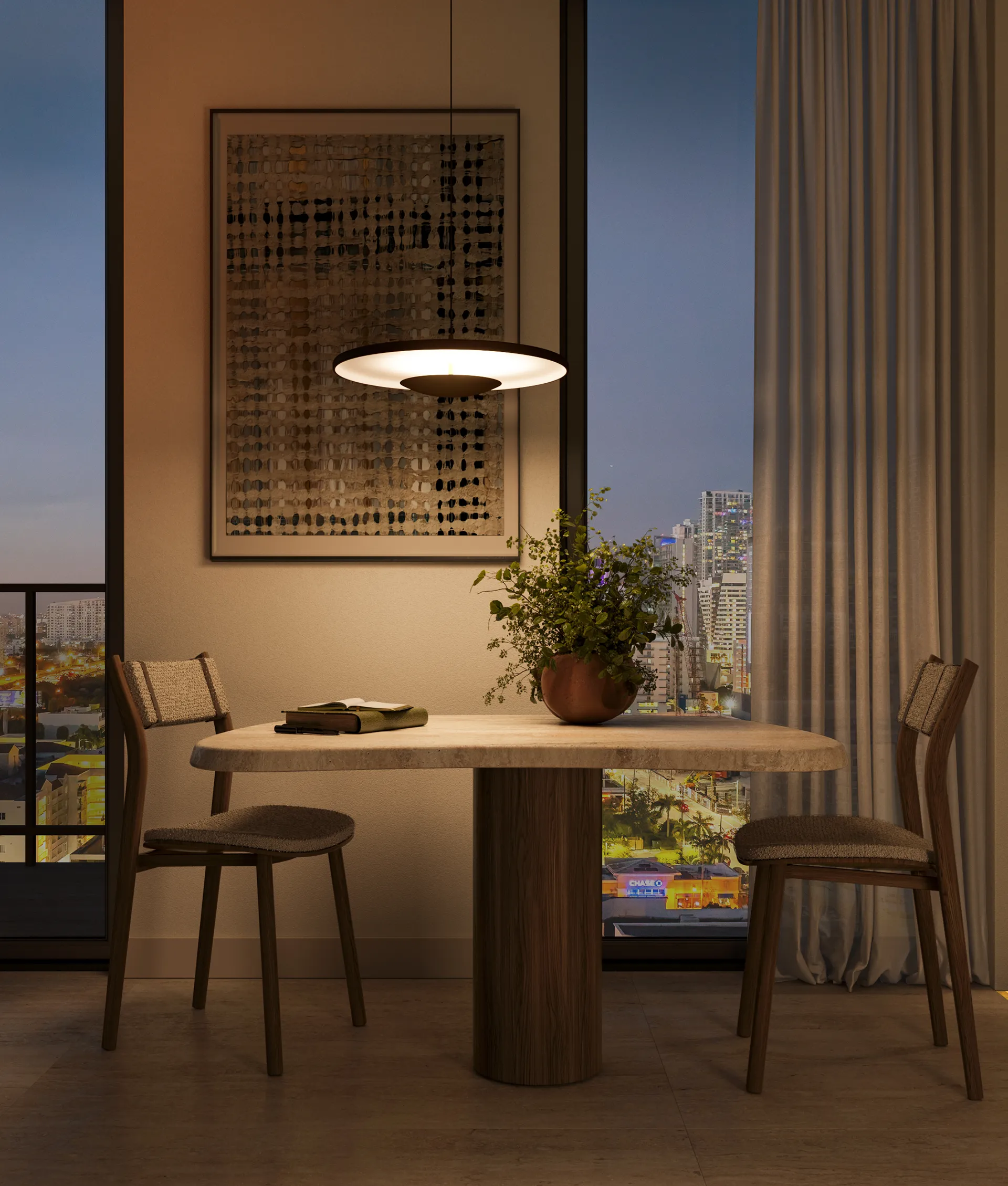 Rendering for the public library in Frankfurt - A contemporary building with a curved facade and curved glass rooftop and symmetrical arch windows, lit at night in a modern urban setting.