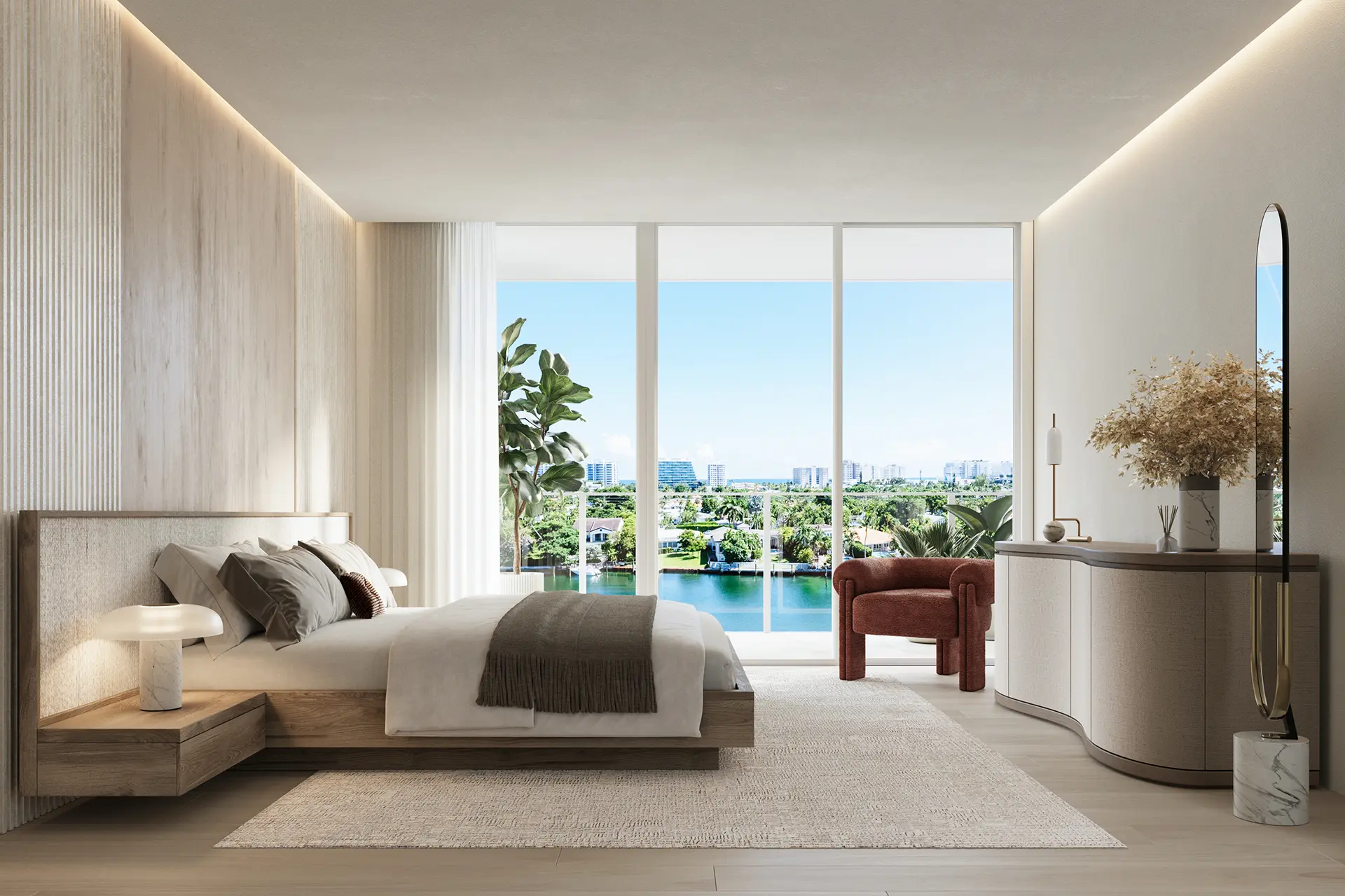 Rendering for the public library in Frankfurt - A contemporary building with a curved facade and curved glass rooftop and symmetrical arch windows, lit at night in a modern urban setting.