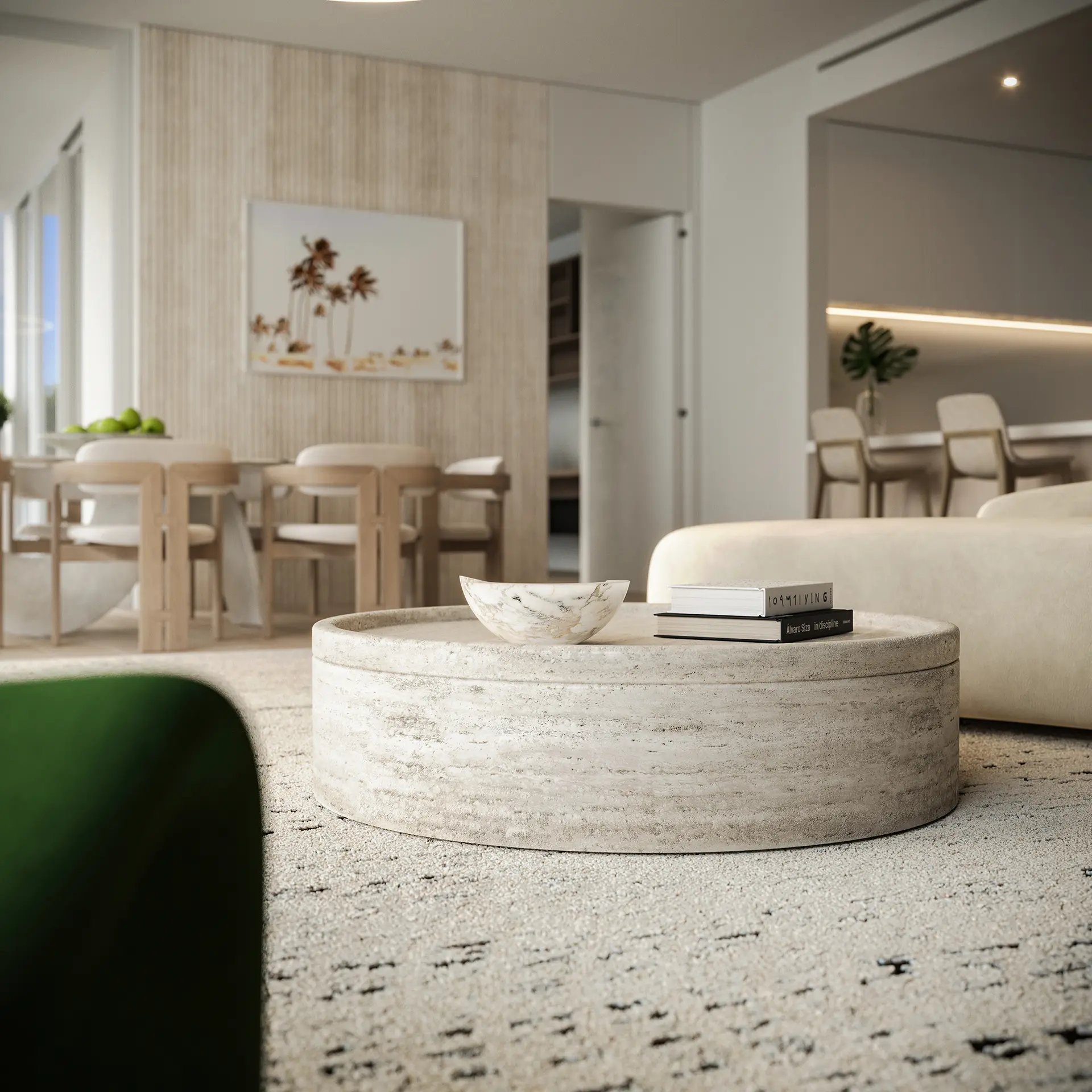 Rendering for the public library in Frankfurt - A contemporary building with a curved facade and curved glass rooftop and symmetrical arch windows, lit at night in a modern urban setting.