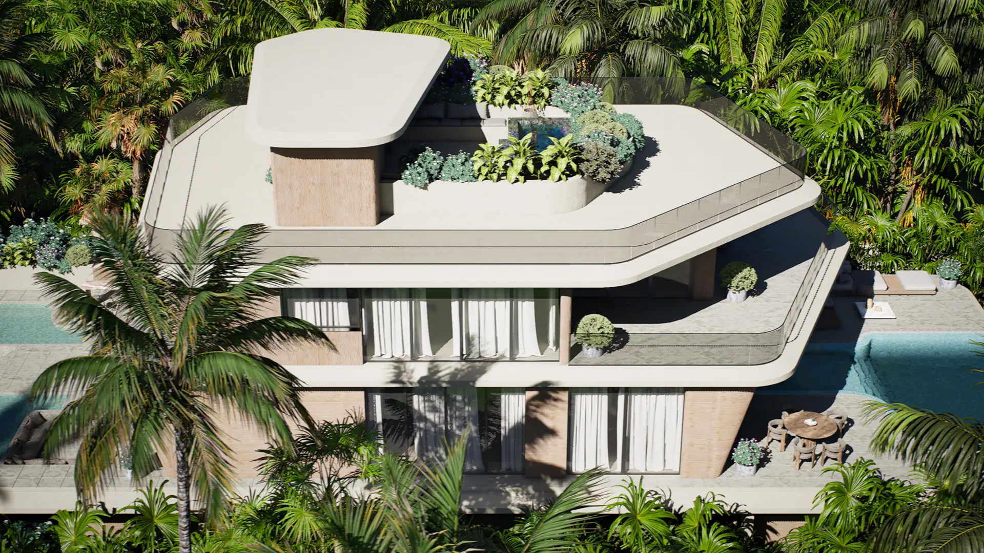 Aerial render of the villa showing its sculptural staggered volumes, rooftop garden, ribbed wood cladding, and a pool on each side amid palm tree canopy
