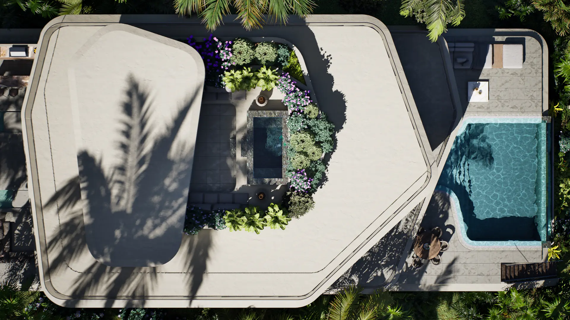 Overhead render of the rooftop terrace showing a central garden planter, a lap pool, and outdoor dining area