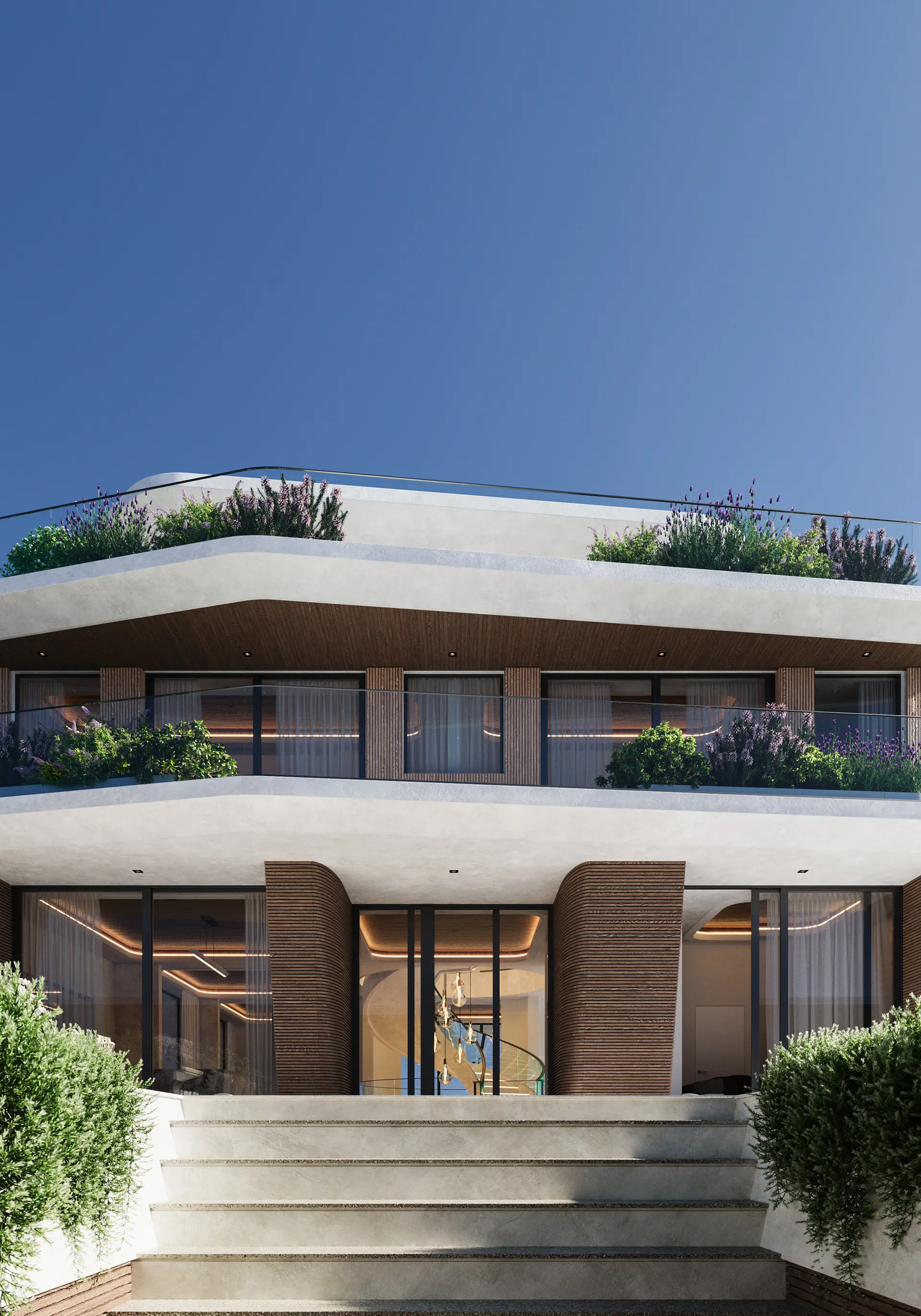 Courtyard-facing facade with curved white volumes, ribbed wood cladding, planted balconies, and a sculptural interior glimpsed through floor-to-ceiling glazing