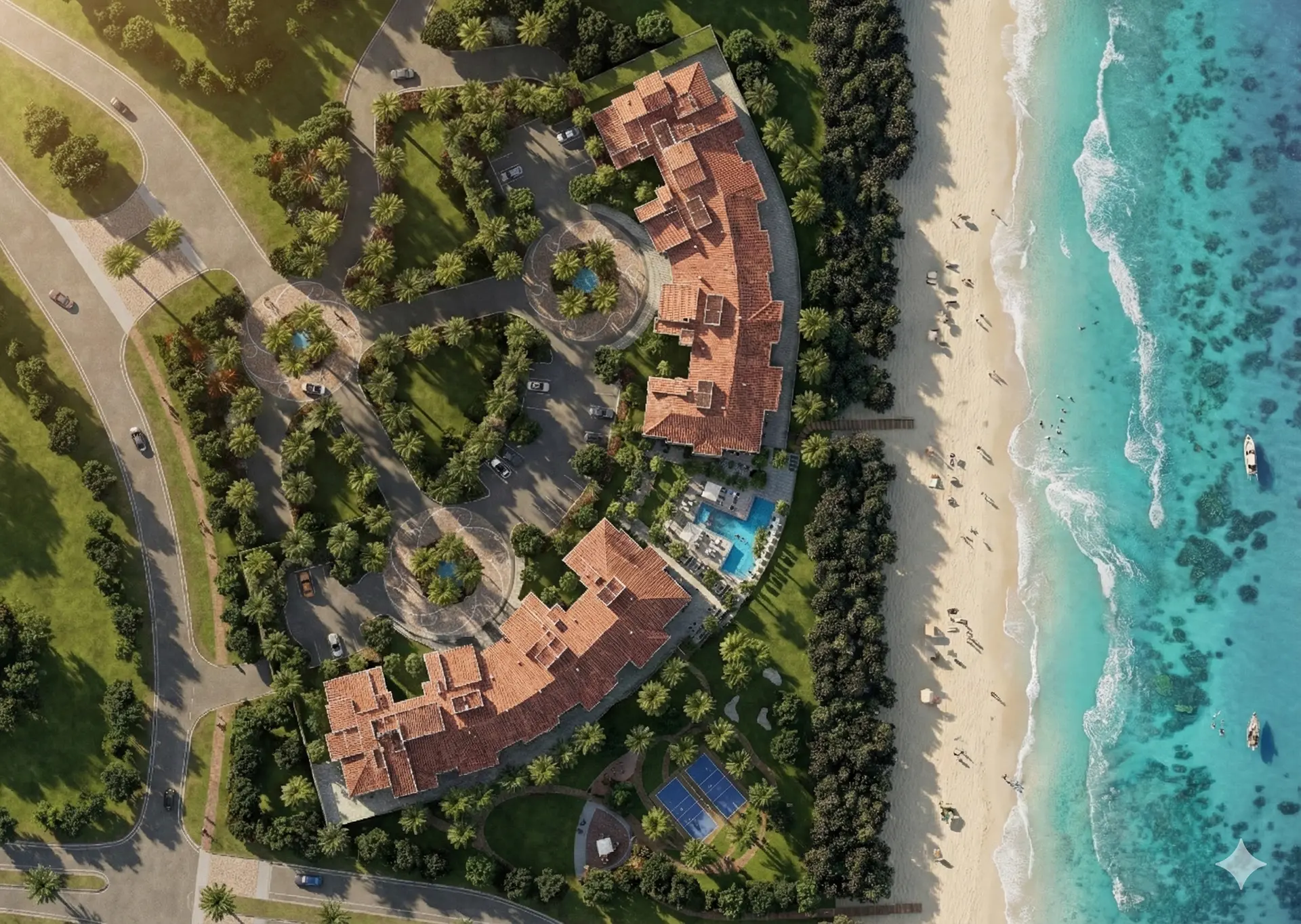 Aerial rendering of a beachfront resort with terracotta-roofed buildings, palm-lined drives, pool, and direct access to turquoise water.