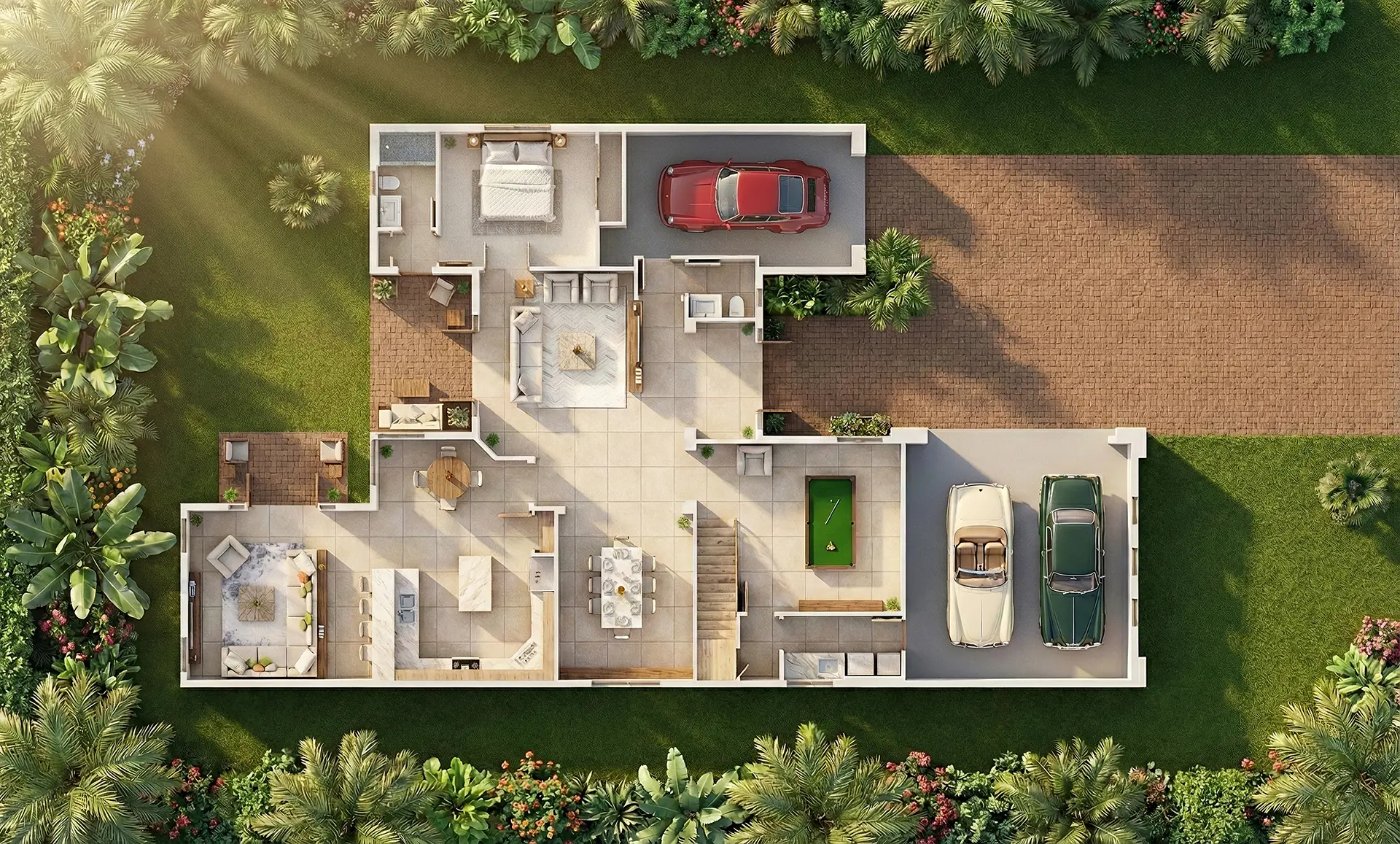Overhead 3D floor plan of a ground-floor residence with living room, dining area, master bedroom, pool table room, and three-car garage with a red sports car and two classic cars, set in a tropical garden.