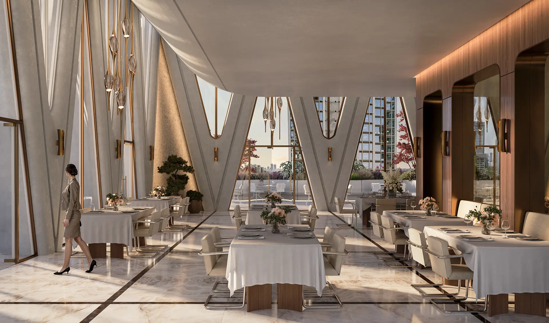 Elegant private dining room with white-draped tables, crystal pendant lights, and city views through floor-to-ceiling angled windows and structural columns.