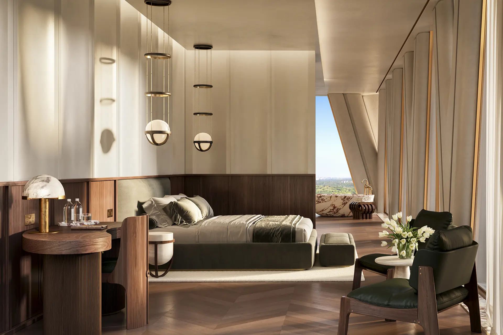 Luxury bedroom suite with velvet upholstered bed, brass pendant lights, herringbone floor, and open marble bathroom with city views.