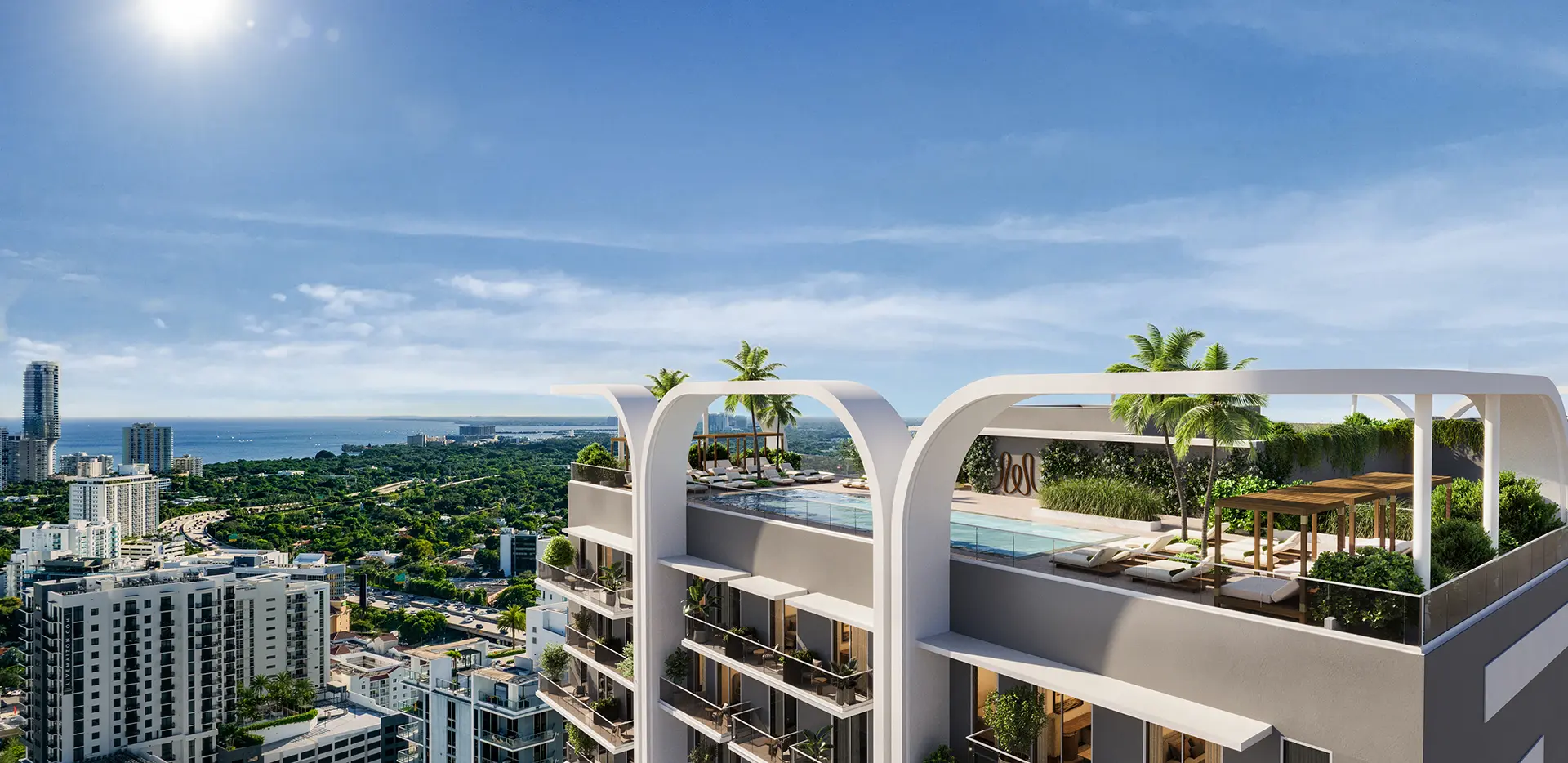 Rooftop terrace rendering with an infinity pool, sun loungers, palm trees, and panoramic views over the Miami cityscape and bay.