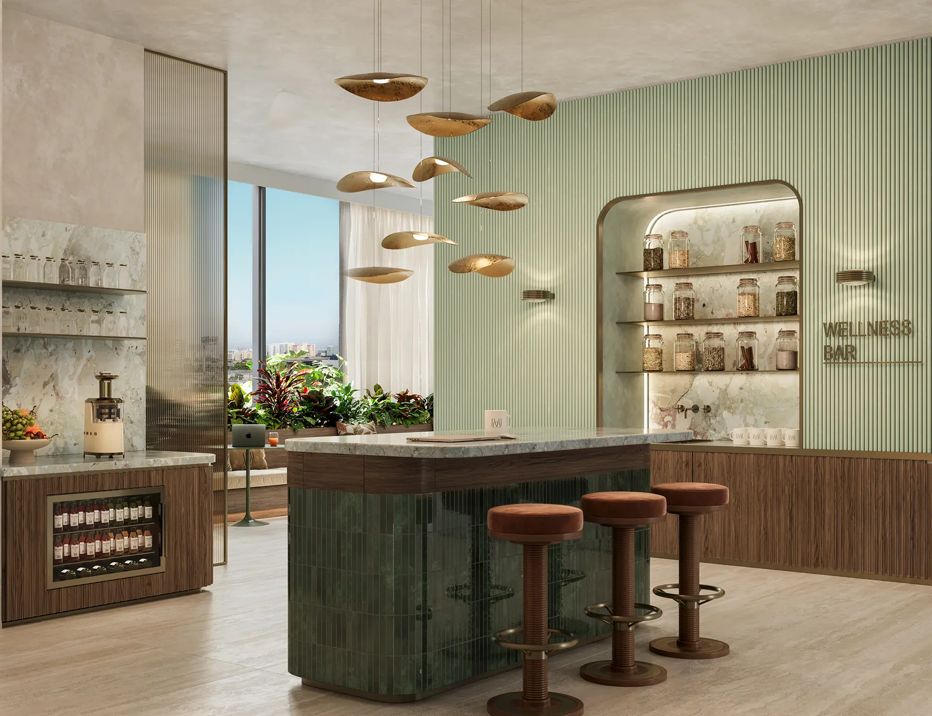Wellness bar with a green tiled island counter, brass pendant lights, and backlit shelving displaying ingredient jars.