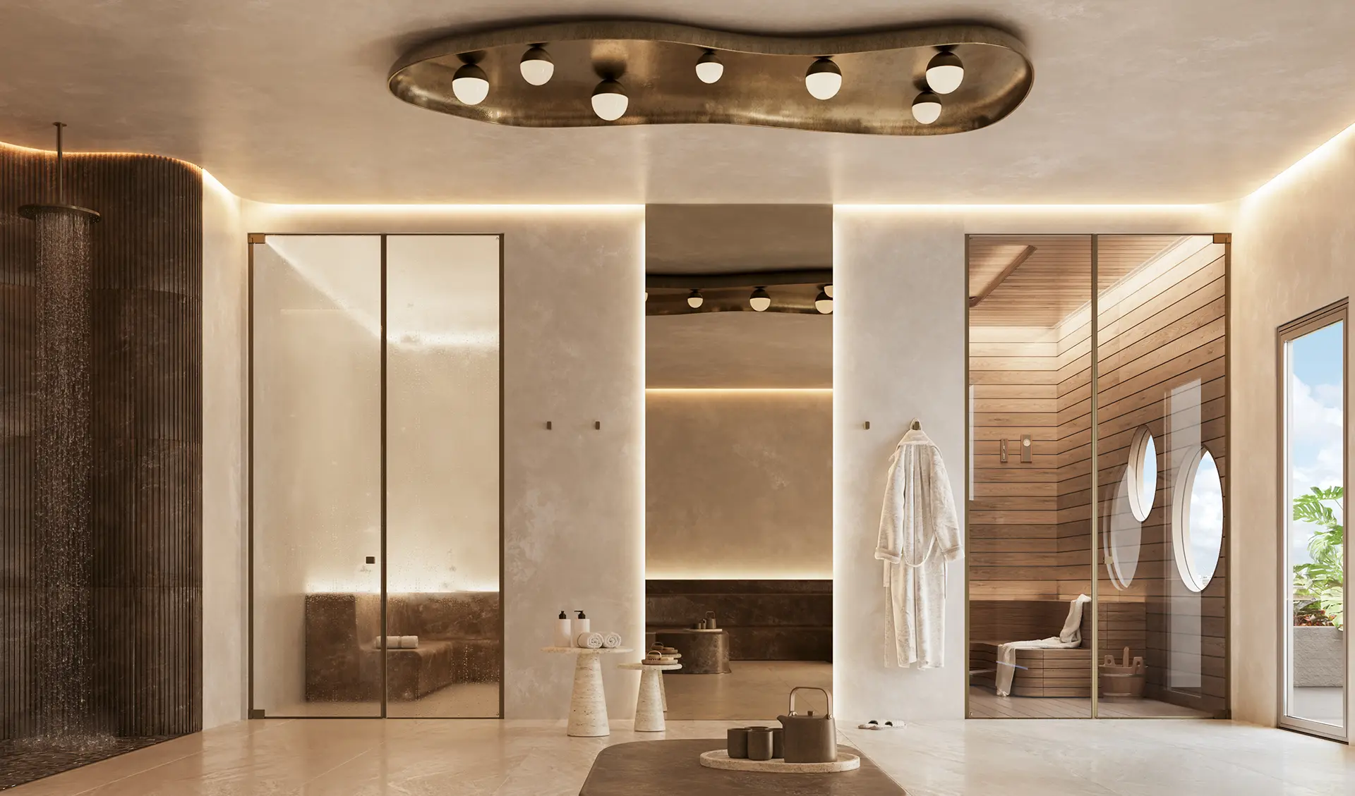 Spa changing area with steam room, wood-panelled sauna, rainfall shower, and an organic-shaped brass ceiling fixture.