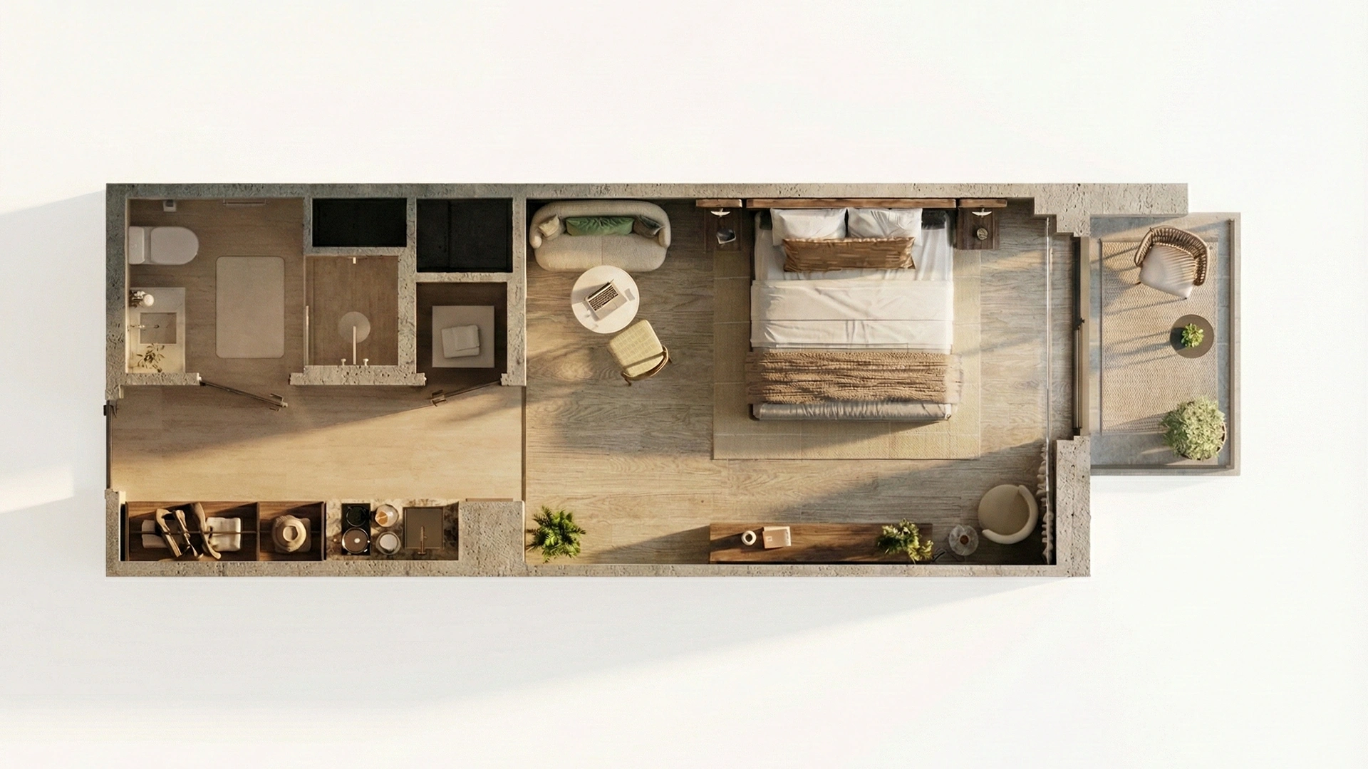 Overhead 3D floor plan of a studio unit with open living area, kitchen, bathroom, and private balcony.