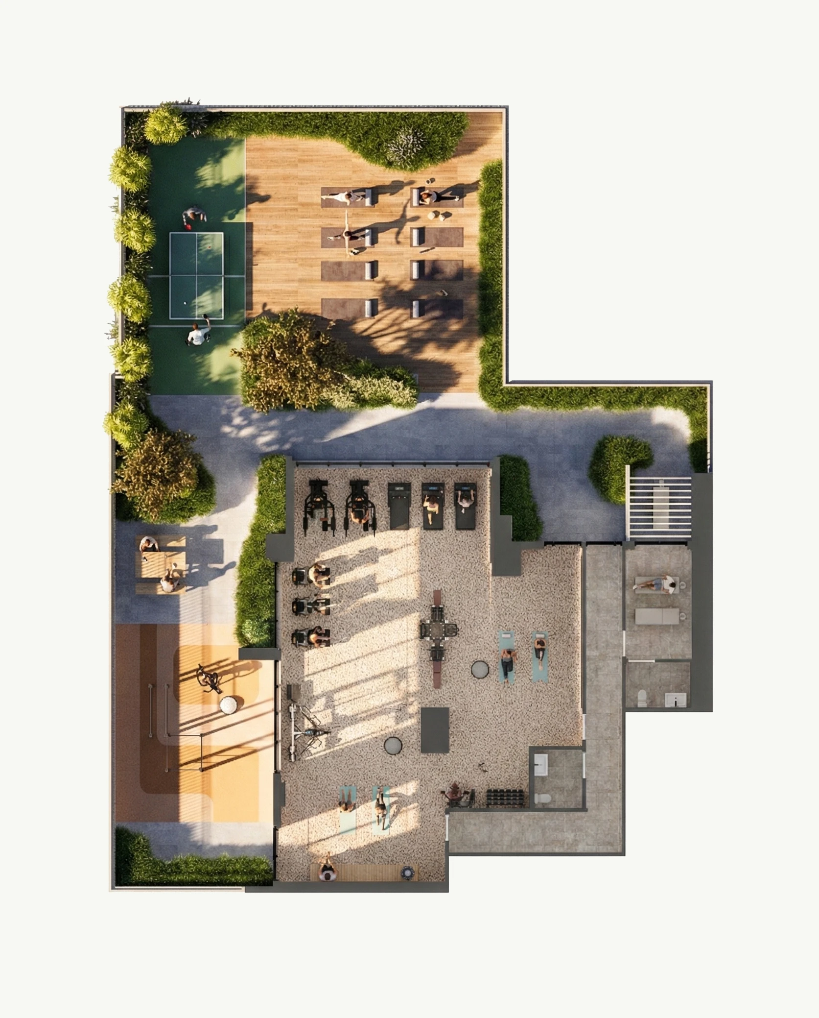 Aerial floor plan rendering of a wellness amenity level featuring an outdoor gym, yoga deck, pickleball court, and bike storage.