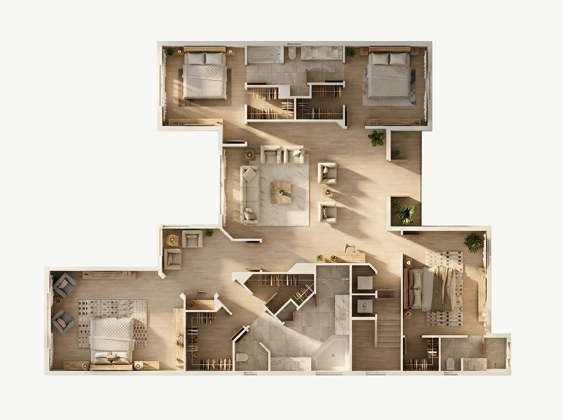 Overhead 3D floor plan of an upper floor with four bedrooms, walk-in closets, master suite with sitting area, and staircase access.