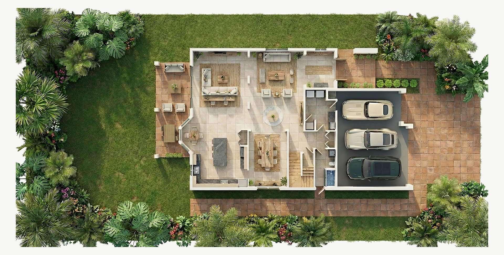 Overhead 3D floor plan of a single-storey residence with open-plan living, dining, kitchen, outdoor terrace, and three-car garage surrounded by tropical landscaping.