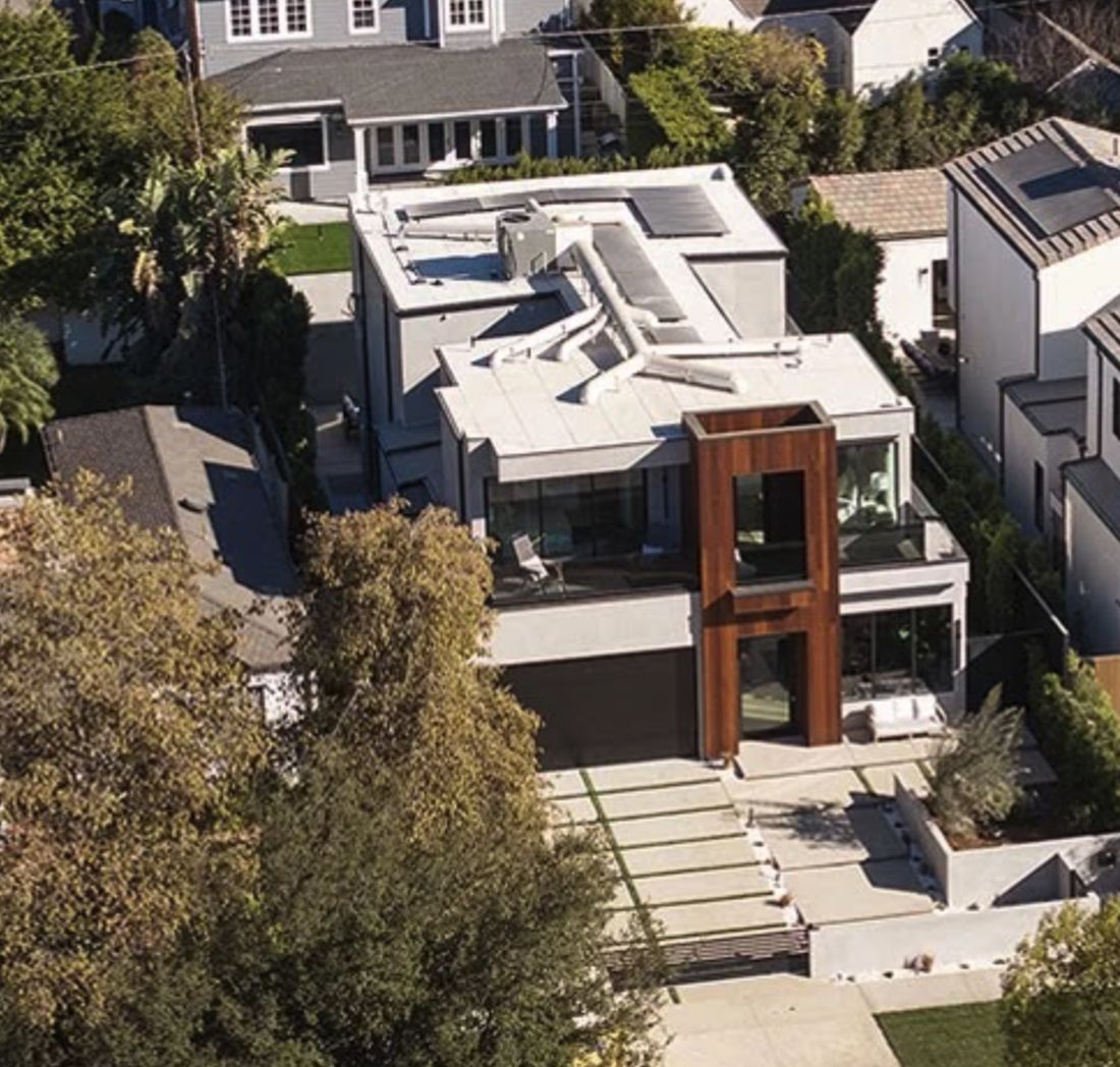 Aerial of Studio City home showing rooftop Lennox package unit and duct distribution
