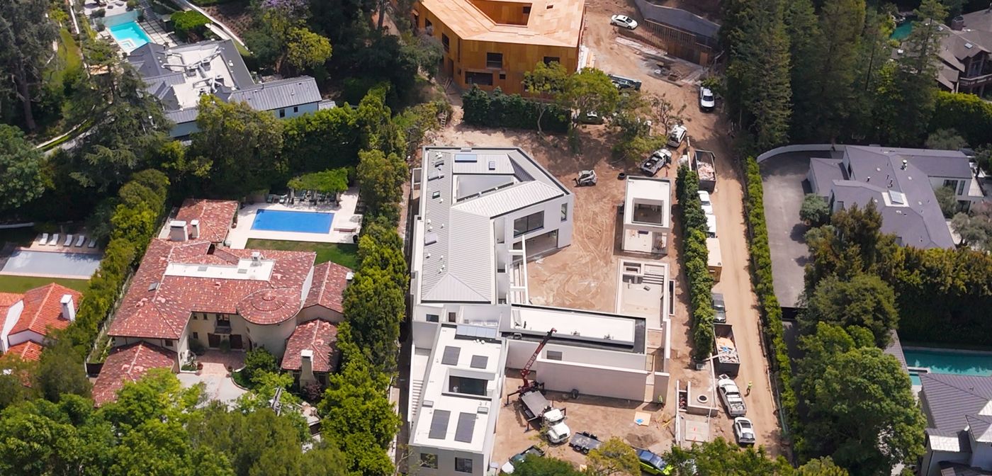 Aerial view of a 15,000 sq ft ultra-luxury Brentwood estate under construction