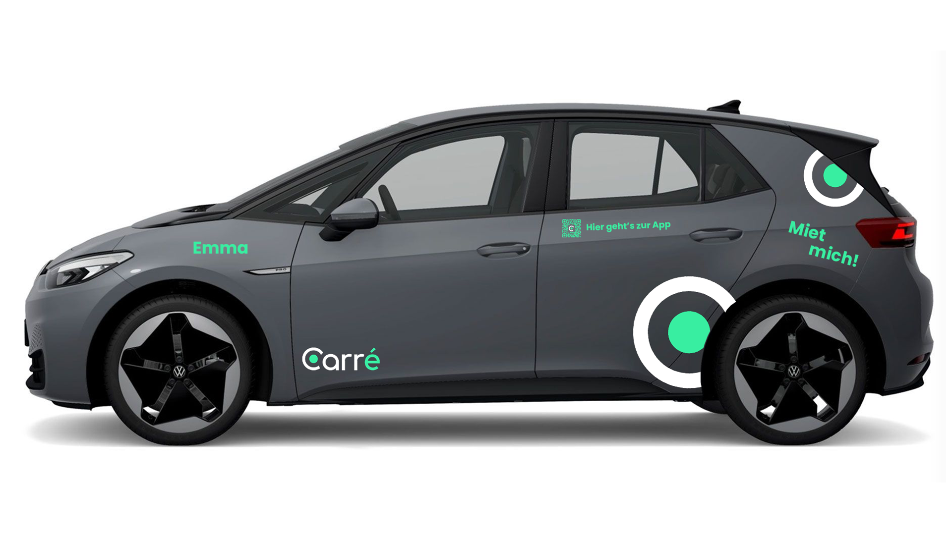 Gray Volkswagen hatchback with black wheels and green lettering promoting car rental app.