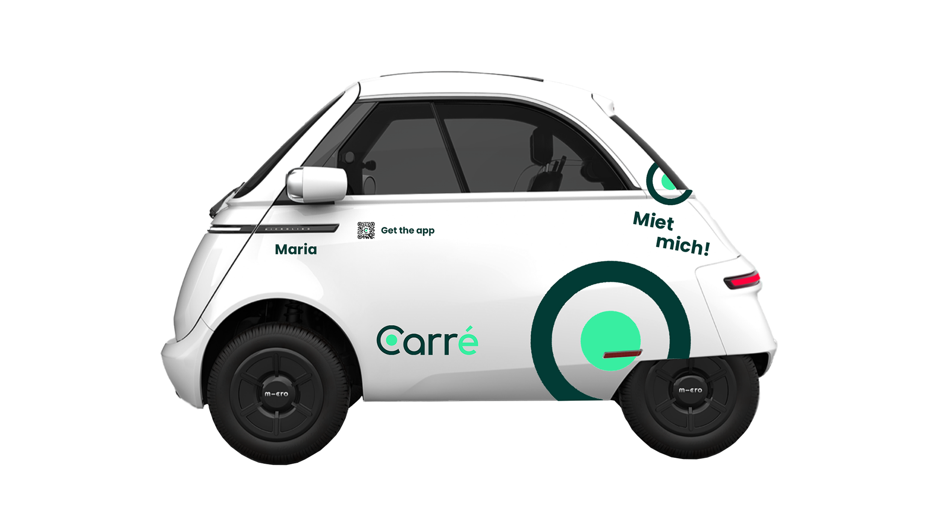 Side view of a small white electric car with the text 'Carré' and rental info in German.