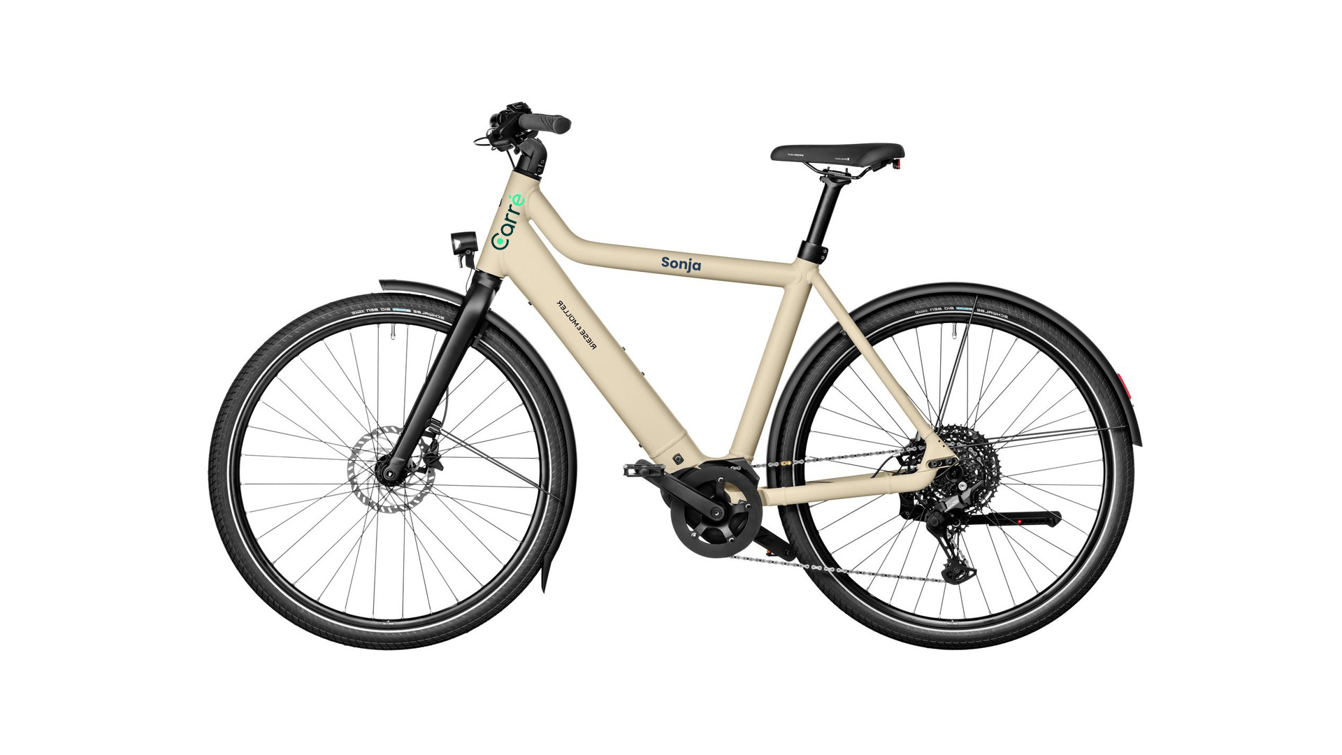 Beige Riese & Müller Sonja electric bike with black tires, seat, and fenders on white background.