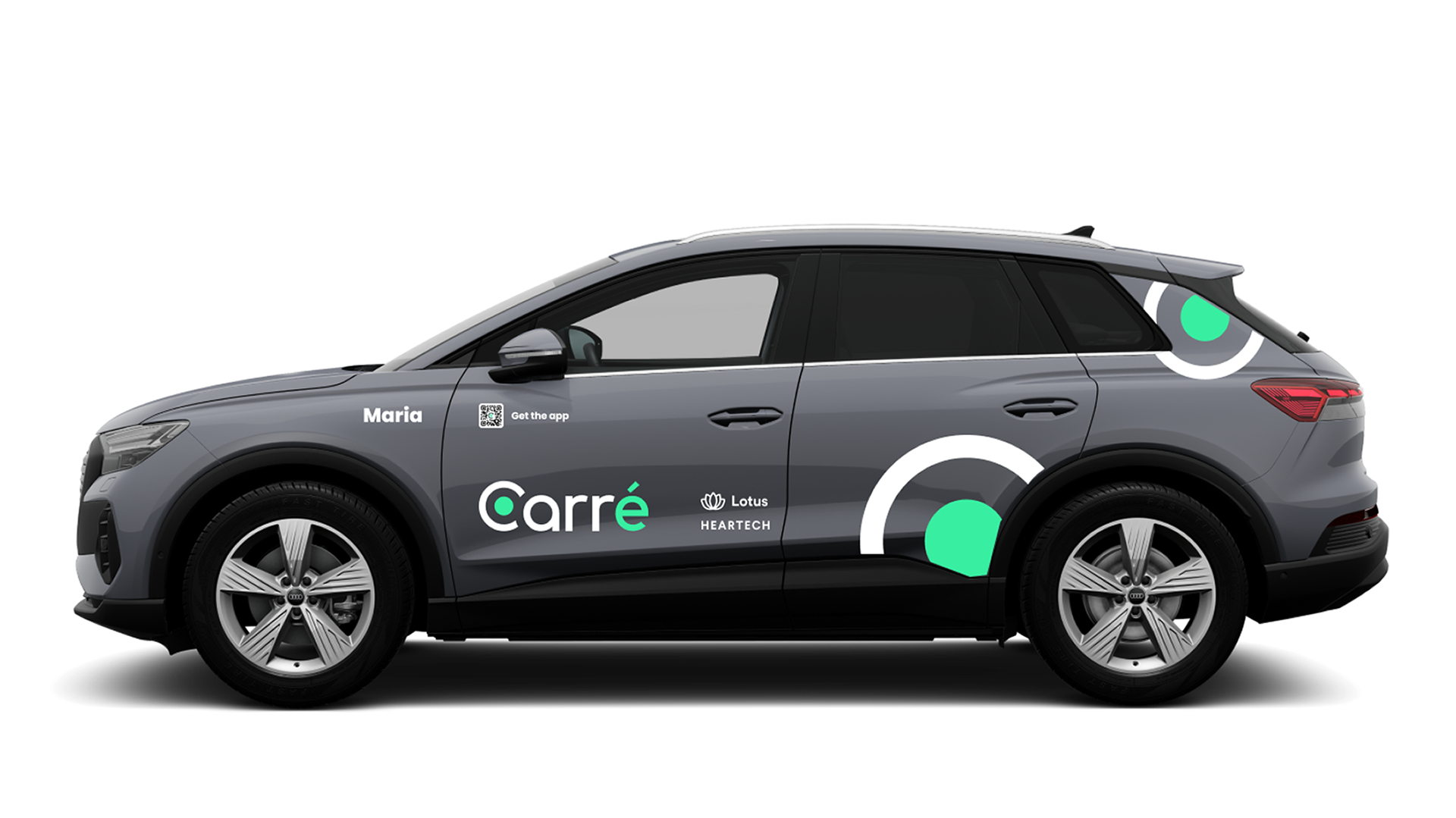 Gray SUV with 'carré' and Lotus Heartech logos and green-white circular design decals on doors and rear.