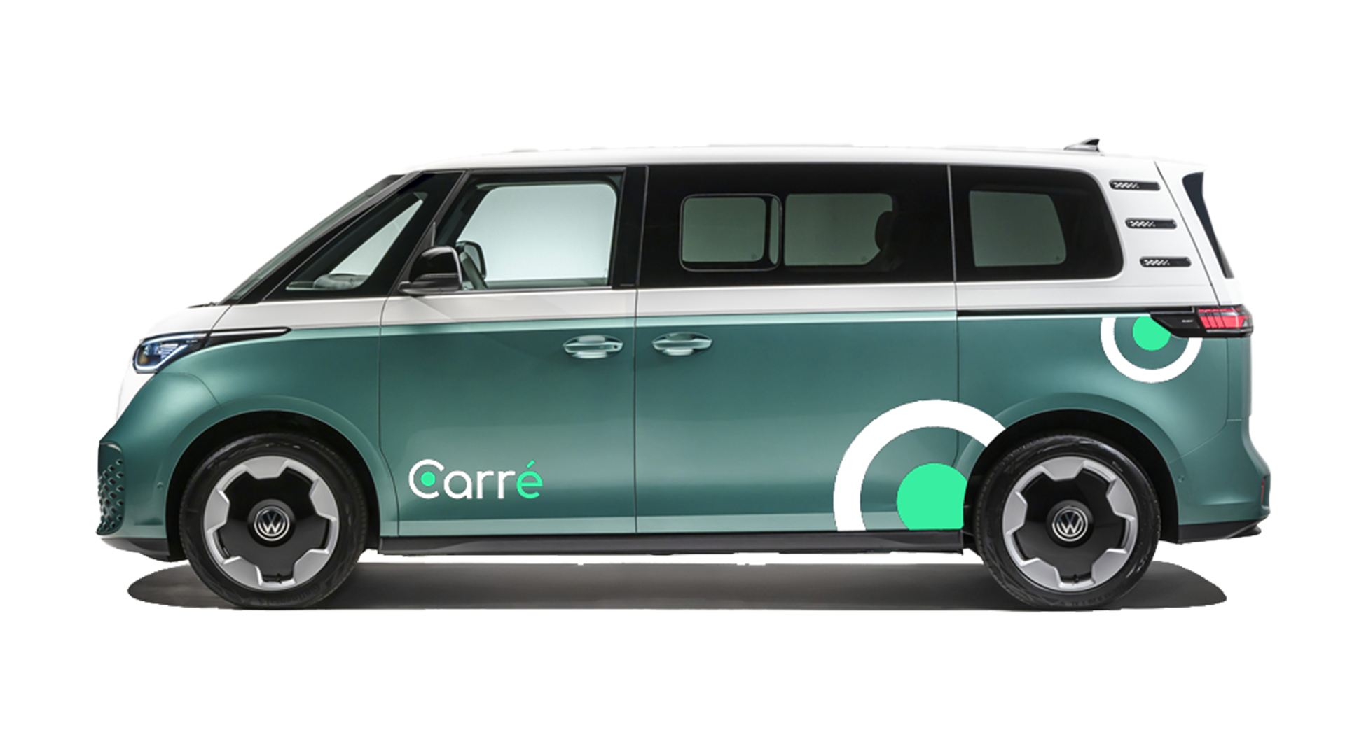 Side view of a modern green and white electric van with Carré branding and circular graphics.