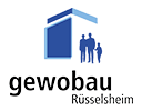 Blue house shape with silhouettes of two adults and a child next to the word gewobau Rüsselsheim.