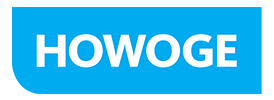 White text HOWOGE on bright blue rounded rectangular background.