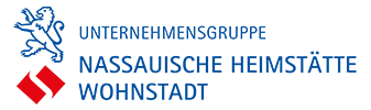 Logo with a blue lion and red abstract shapes beside the text Nassauische Heimstätte Wohnstadt.
