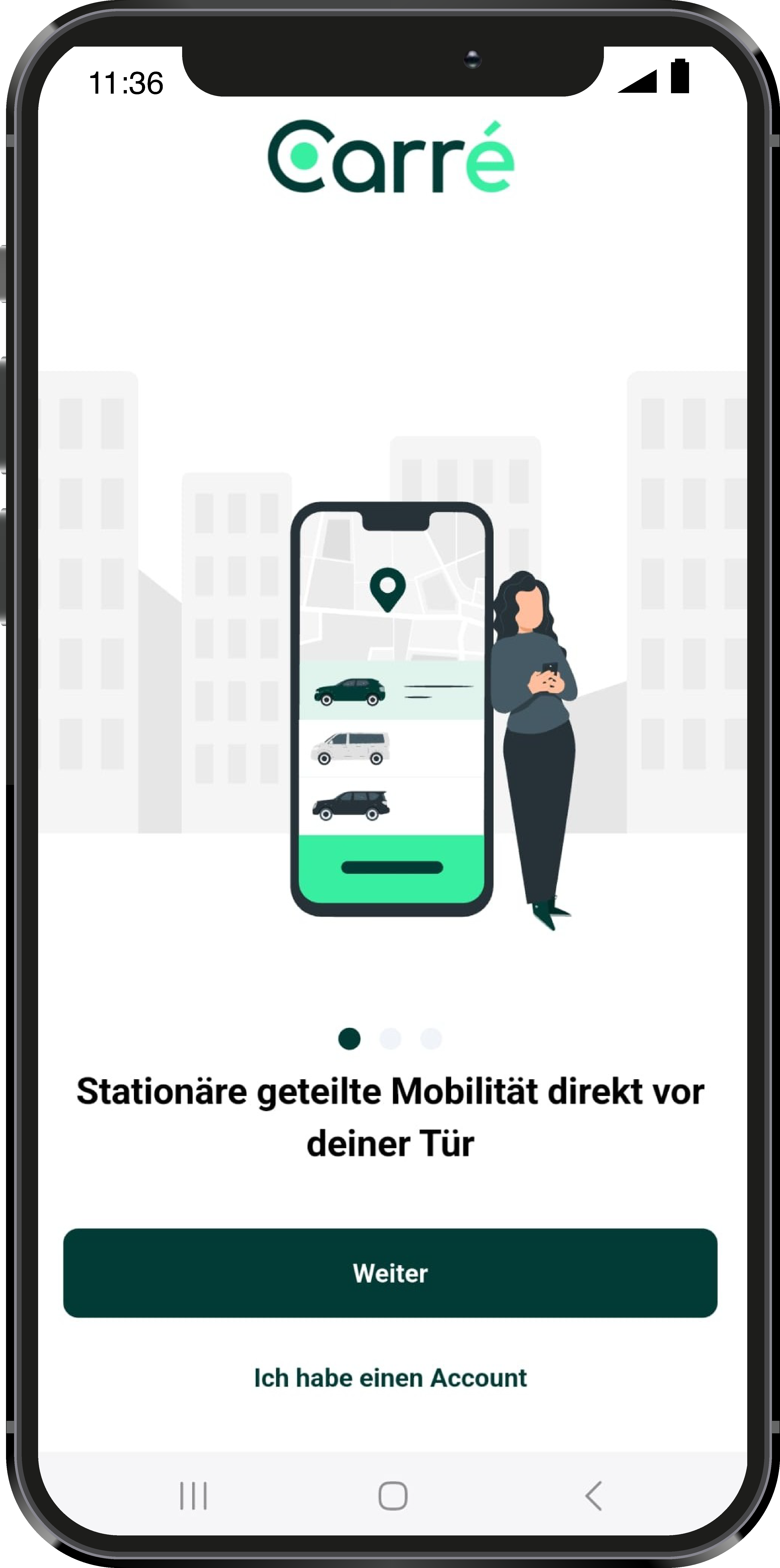 Phone screen shows Carré app with shared mobility vehicles and a woman holding a phone next to it.
