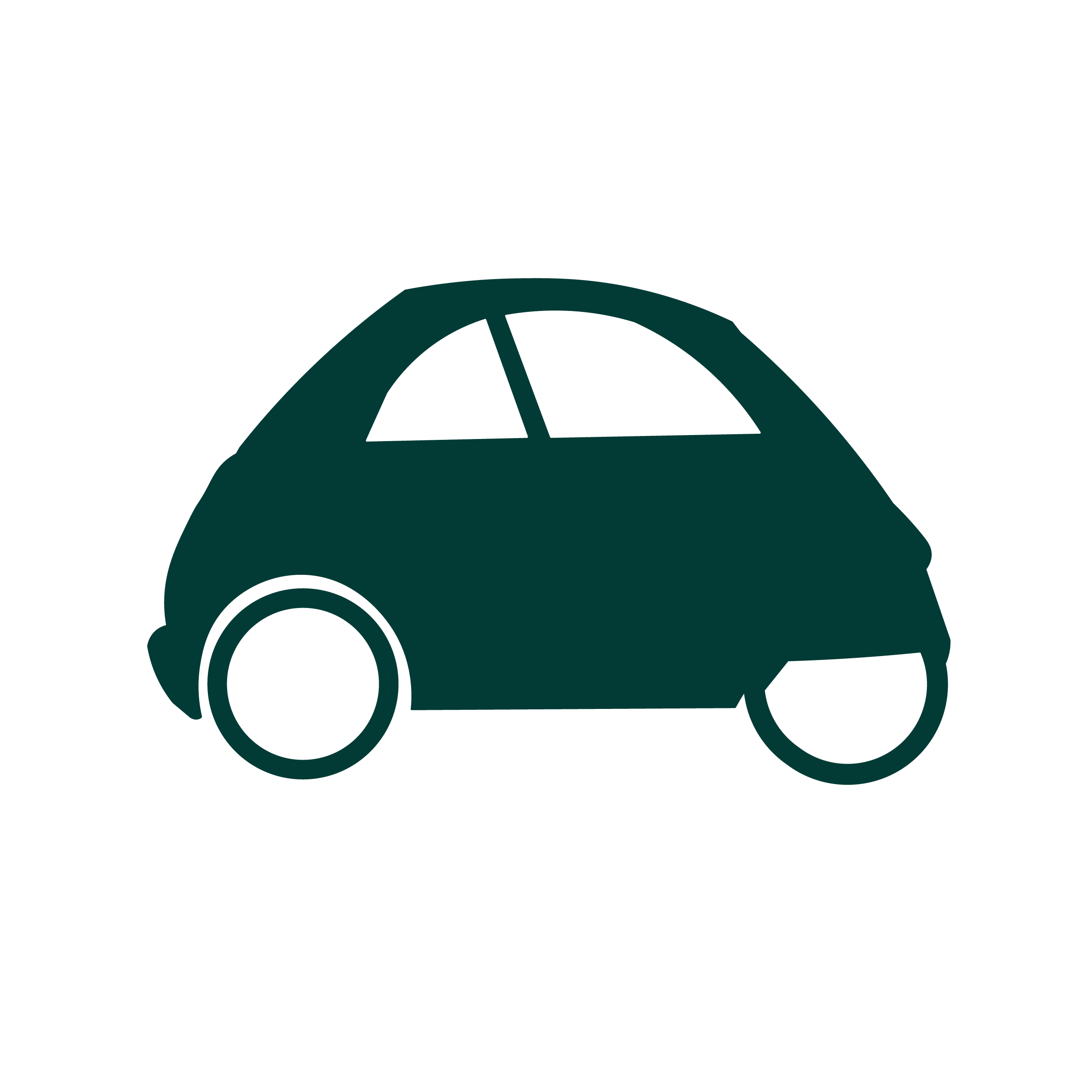 Simple dark green icon of a compact, rounded car with two visible wheels and two windows.