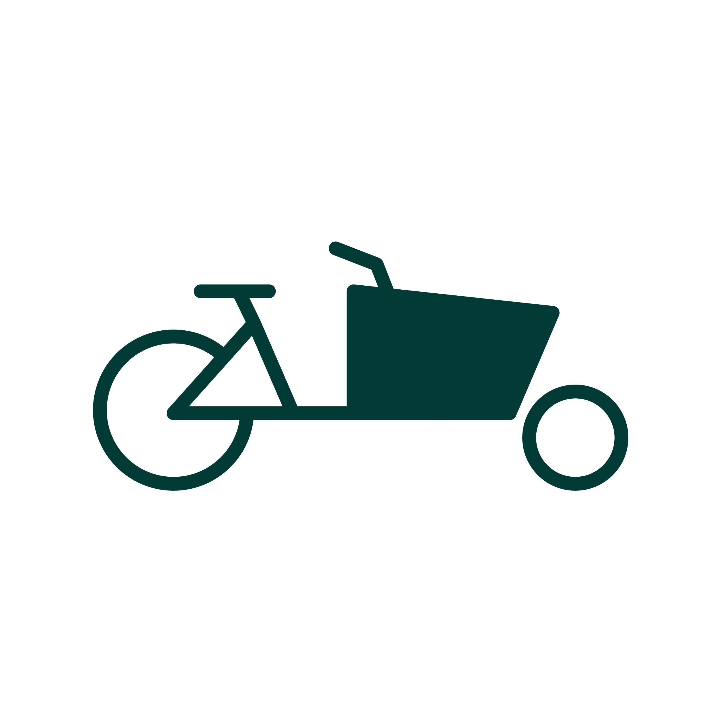 Simplified side profile graphic of a cargo bike with a large front container and two wheels.