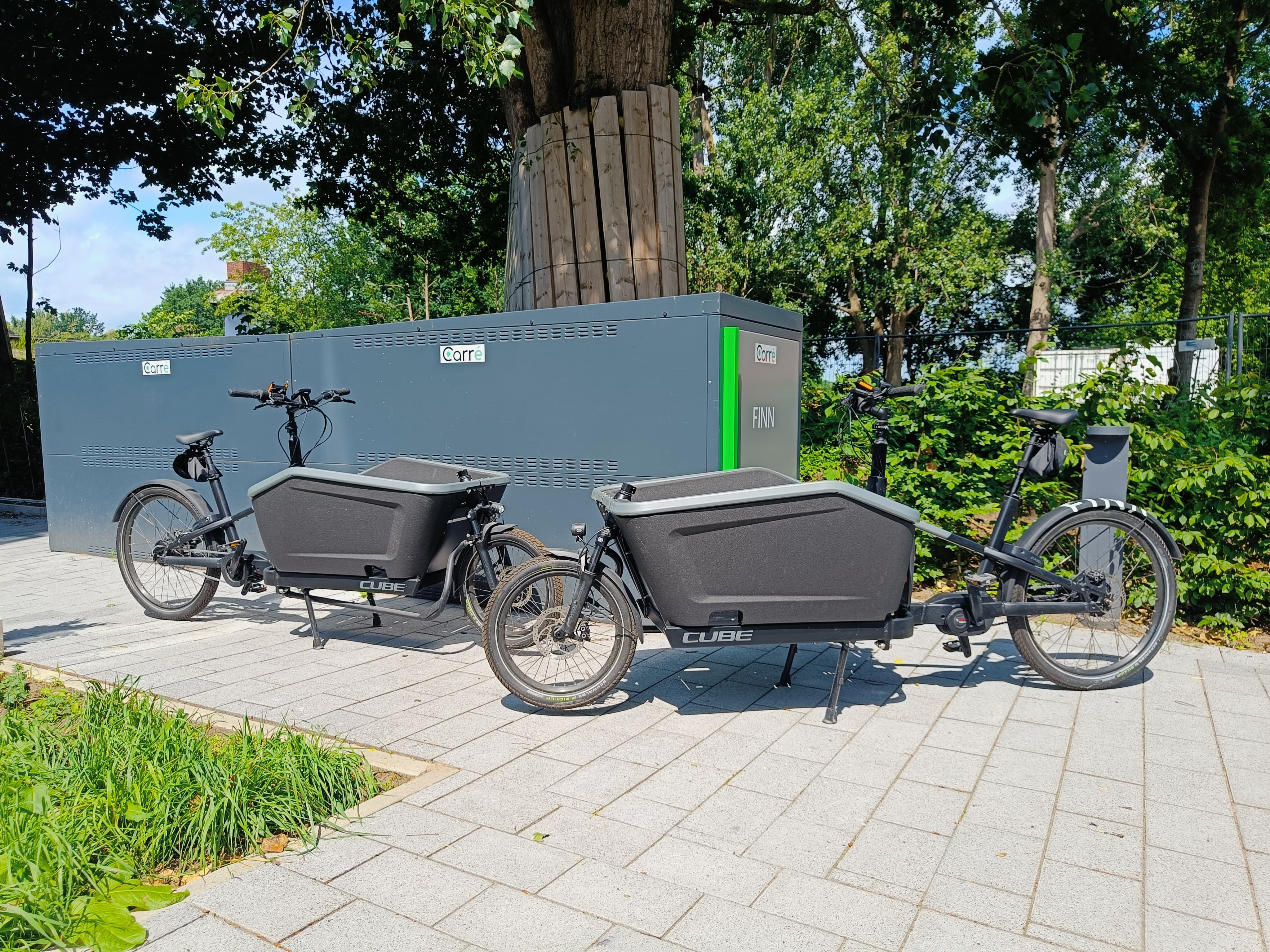 Two black Cube cargo bikes parked on a paved area near greenery and a tree.