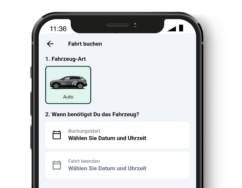 Mobile app screen in German for booking a car with date and time selection options.