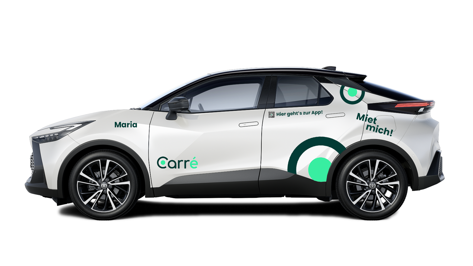 White Toyota SUV side view with green circles and text in German promoting rental app.