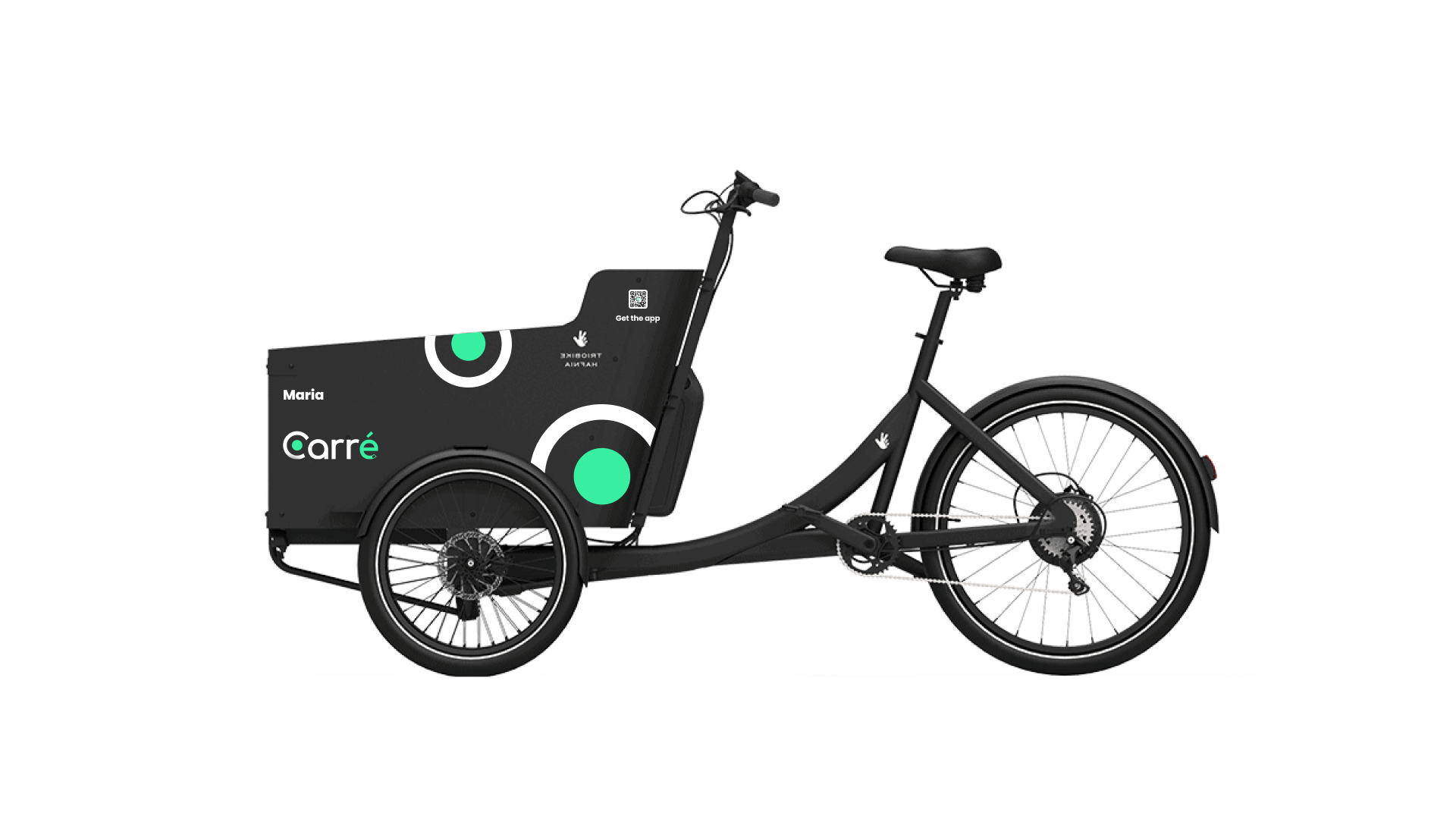 Black three-wheeled cargo bike with a large front box and green circular designs.